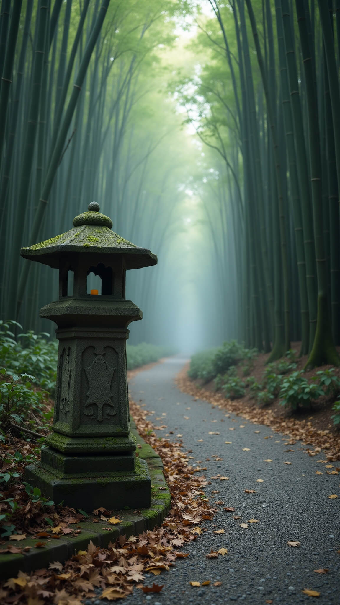 Misty dawn bamboo grove with moss-covered stone lantern, curved gravel path, and fallen leaves creating textured forest floor.