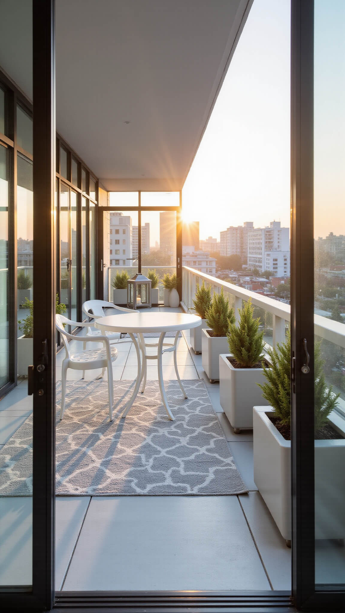 Modern minimalist urban balcony with white bistro set, snake plants in white planters, geometric rug, and city view at golden hour.