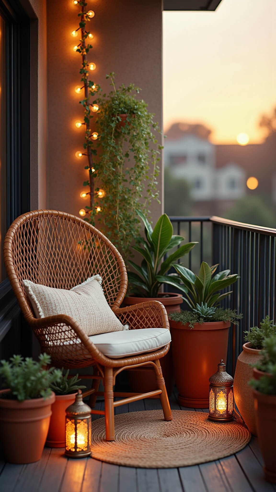 Cozy 5'x8' bohemian balcony at sunset with rattan peacock chair, macramé cushions, terra cotta potted plants, Moroccan lanterns, and warm copper string lights.