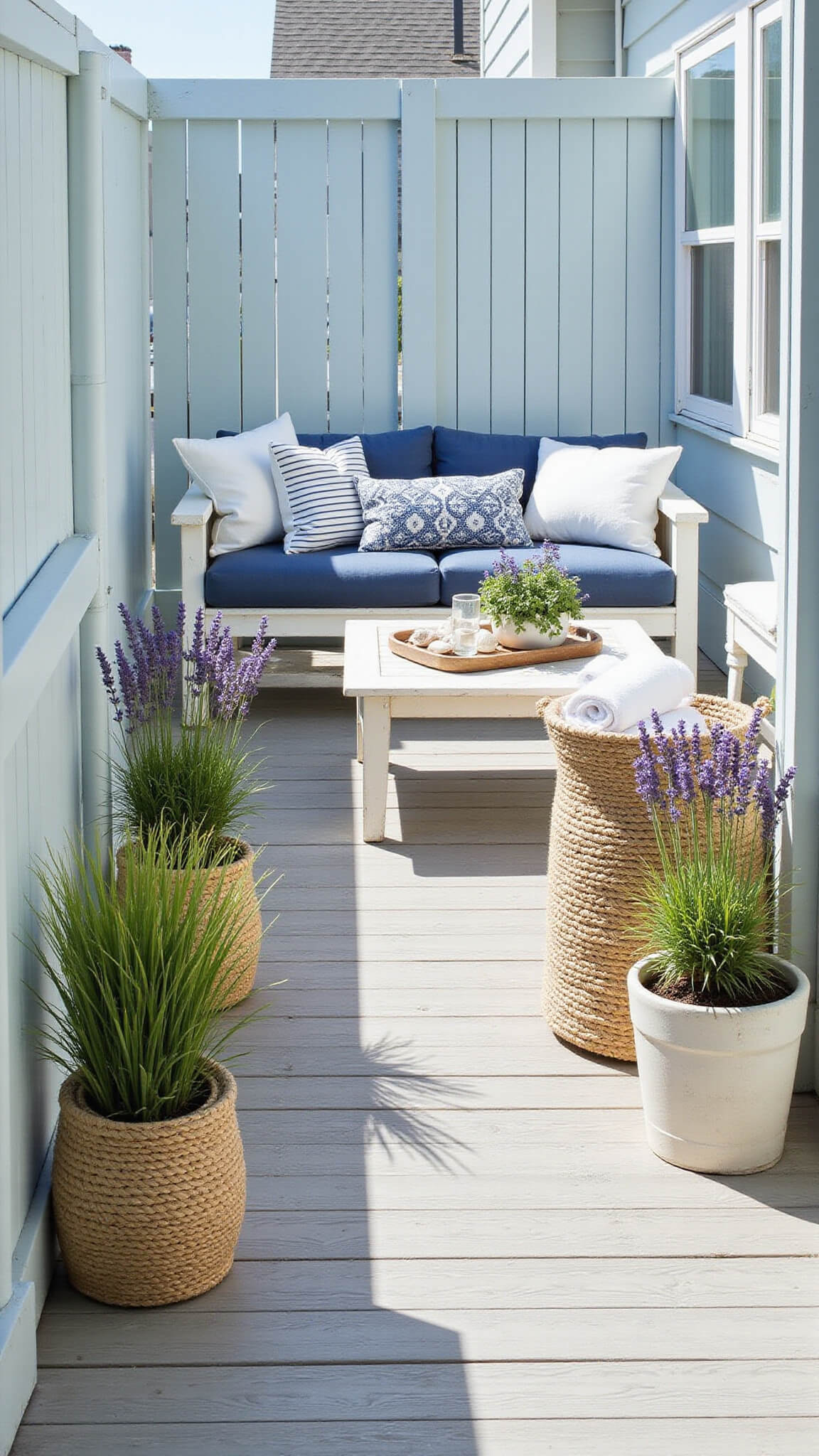 Coastal balcony with whitewashed furniture, navy-striped cushions, rope planters with grasses, seagrass basket of towels, and marine decor against pale blue screens.