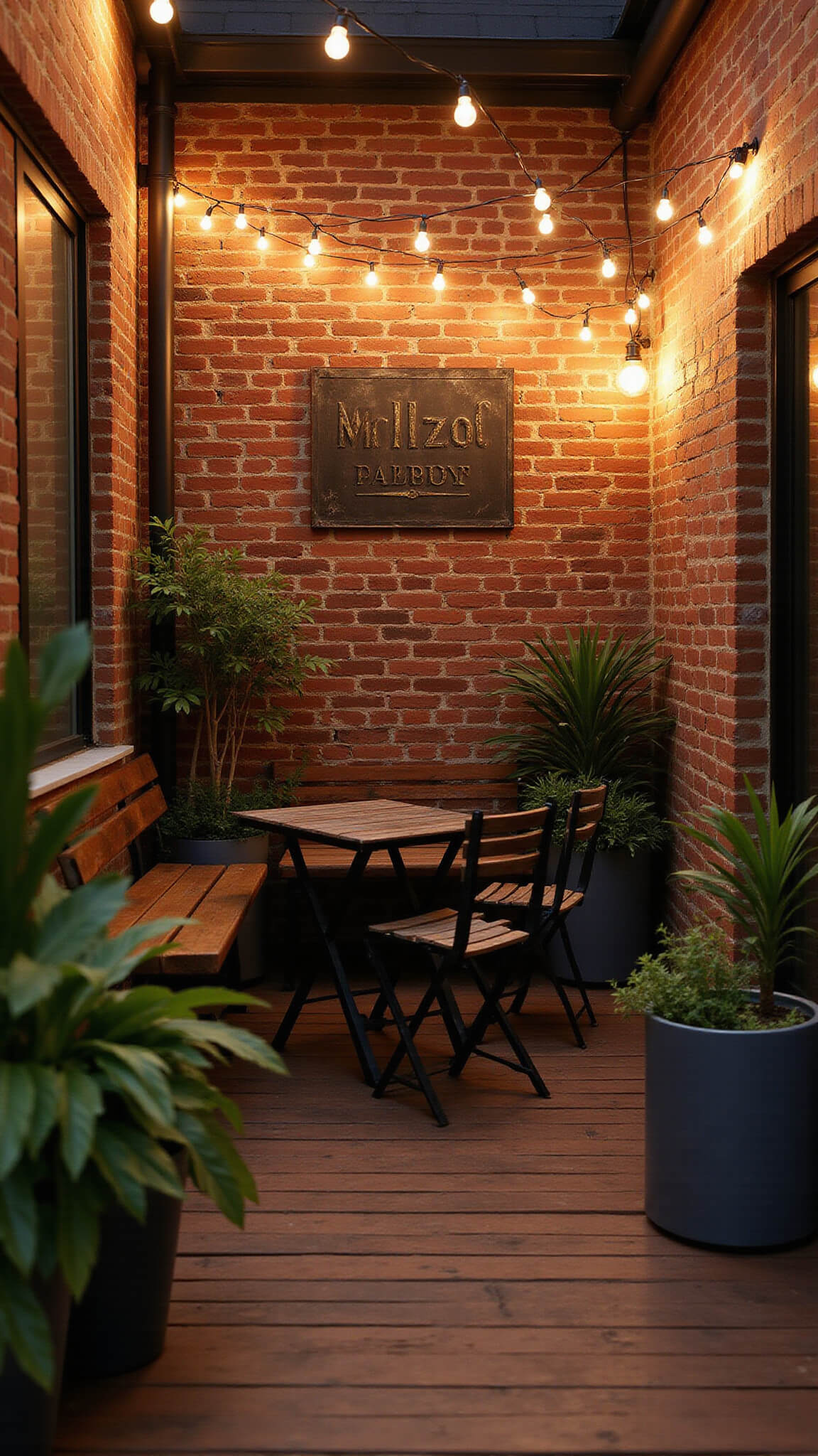 Moody evening view of small urban balcony with exposed brick wall, black bistro set on wood deck tiles, geometric charcoal planters, Edison string lights, and vintage metal wall signs.