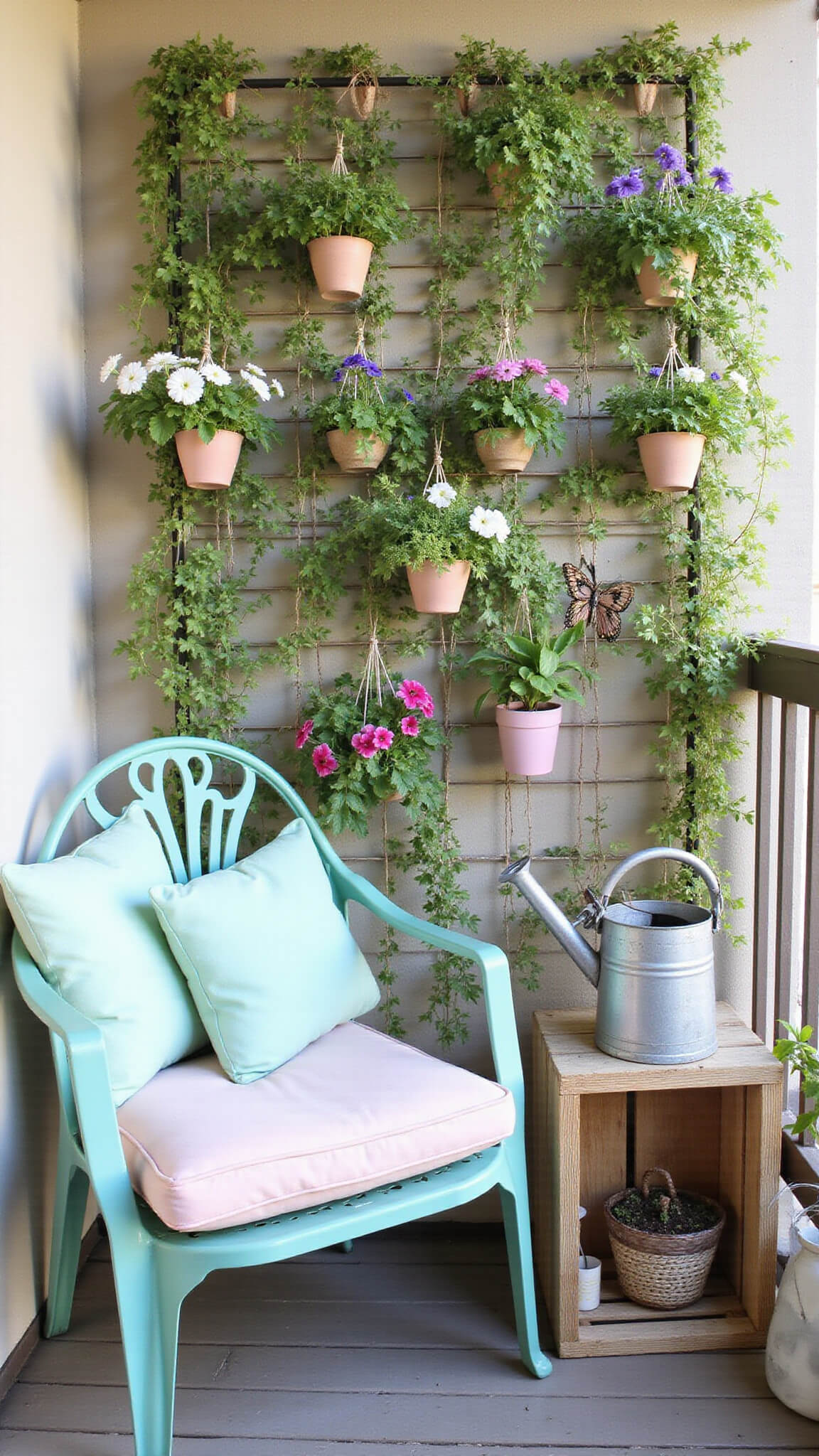 Morning-lit balcony with mint green furniture, vertical herb garden, hanging petunias and ivy, wooden crate side table with vintage watering can, and butterfly wind chimes in soft spring colors.