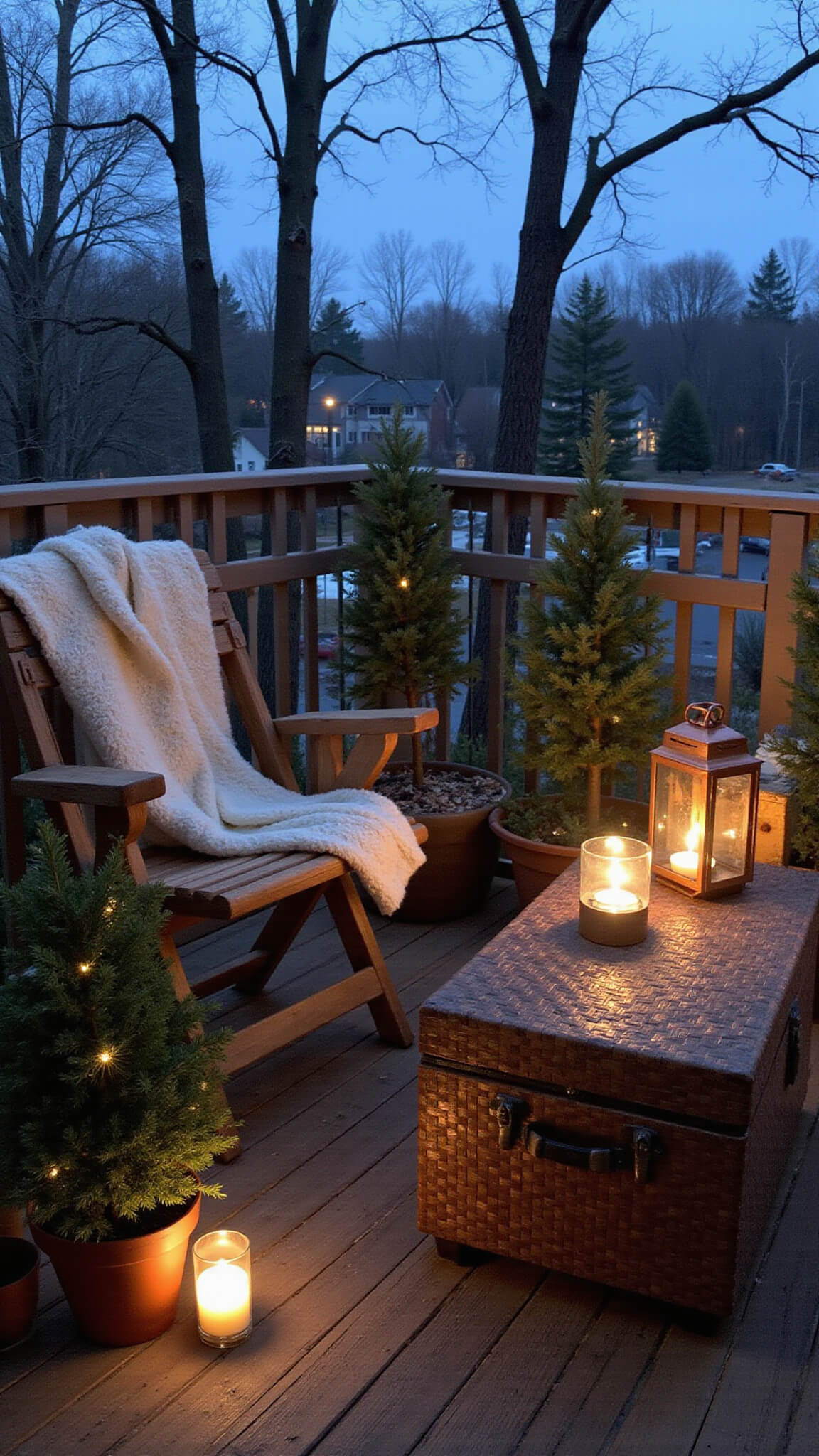 Cozy winter balcony at dusk with fur-covered chairs, copper lanterns, evergreen planters, and a woven trunk table.