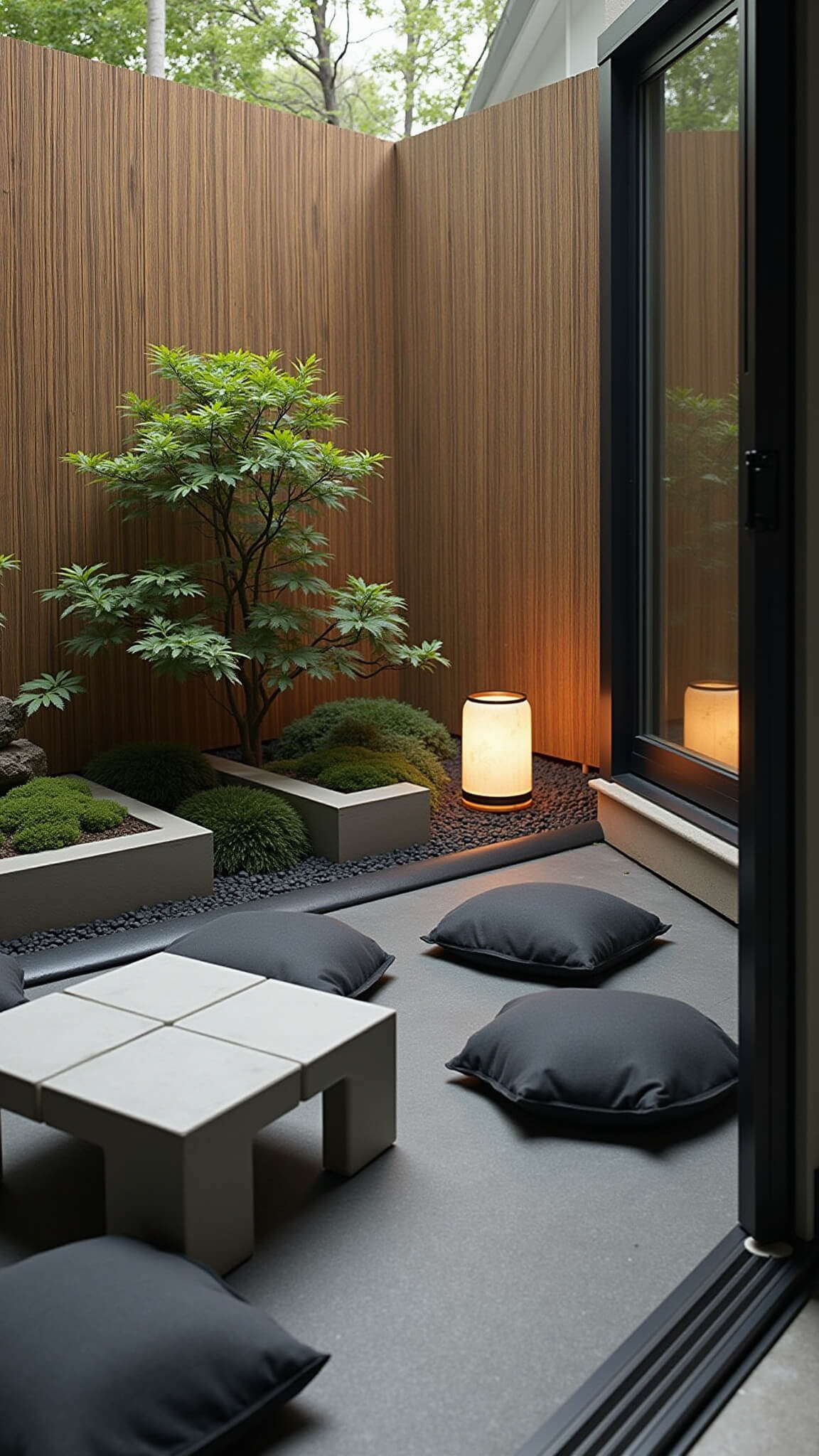 Minimalist Zen balcony garden with bamboo screens, black cushions around a concrete table, bonsai planters, river rocks, and soft lantern lighting.
