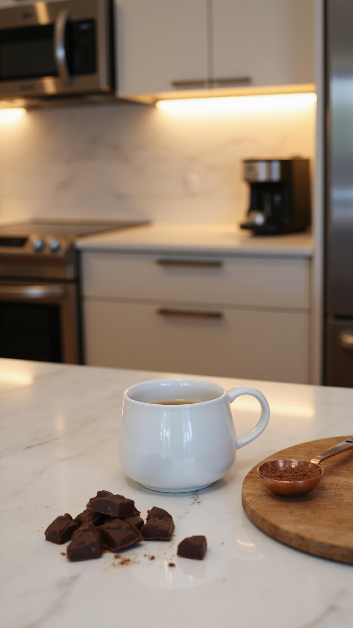 Cozy kitchen baking corner at night with white marble countertops, warm lighting, a white mug, chocolate pieces, cocoa powder in a copper spoon, and wooden cutting board in focus.