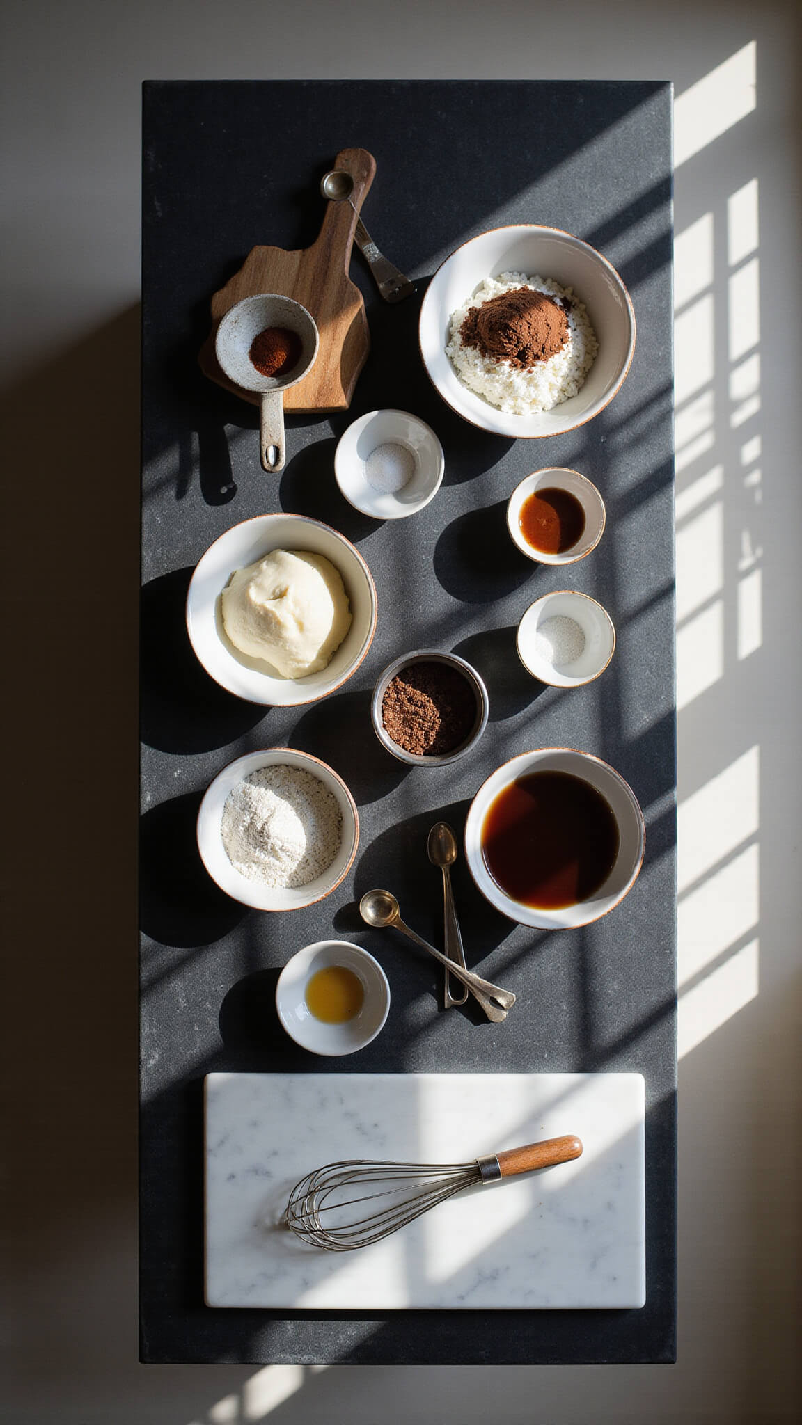 Overhead view of a bright kitchen with a black countertop island, white bowls of measured ingredients, vintage utensils, and morning sunlight casting natural shadows.
