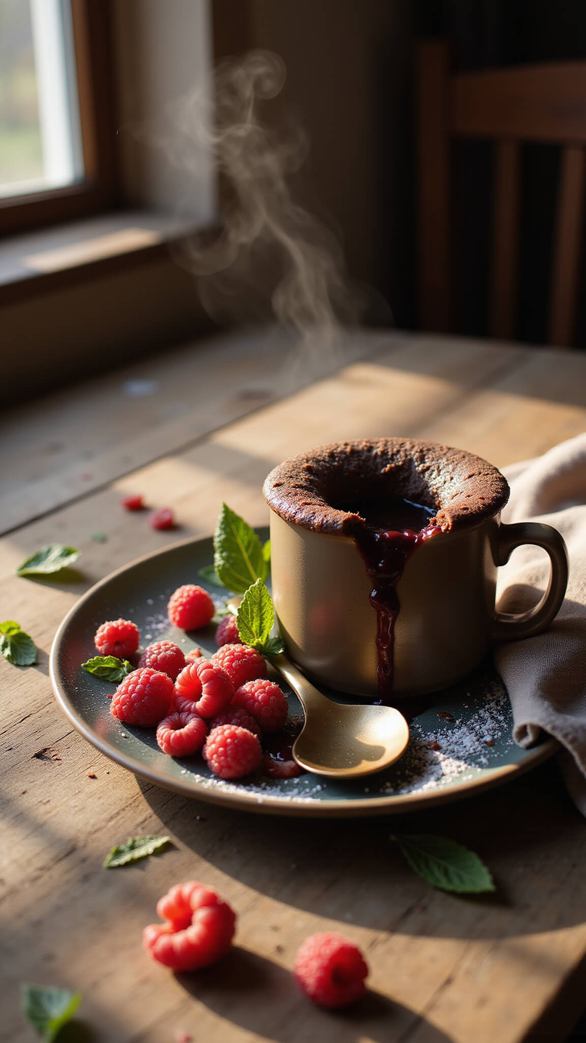 Chocolate lava mug cake oozing on antique plate with fresh raspberries, mint leaves, and powdered sugar, bathed in golden hour light on rustic wooden table.