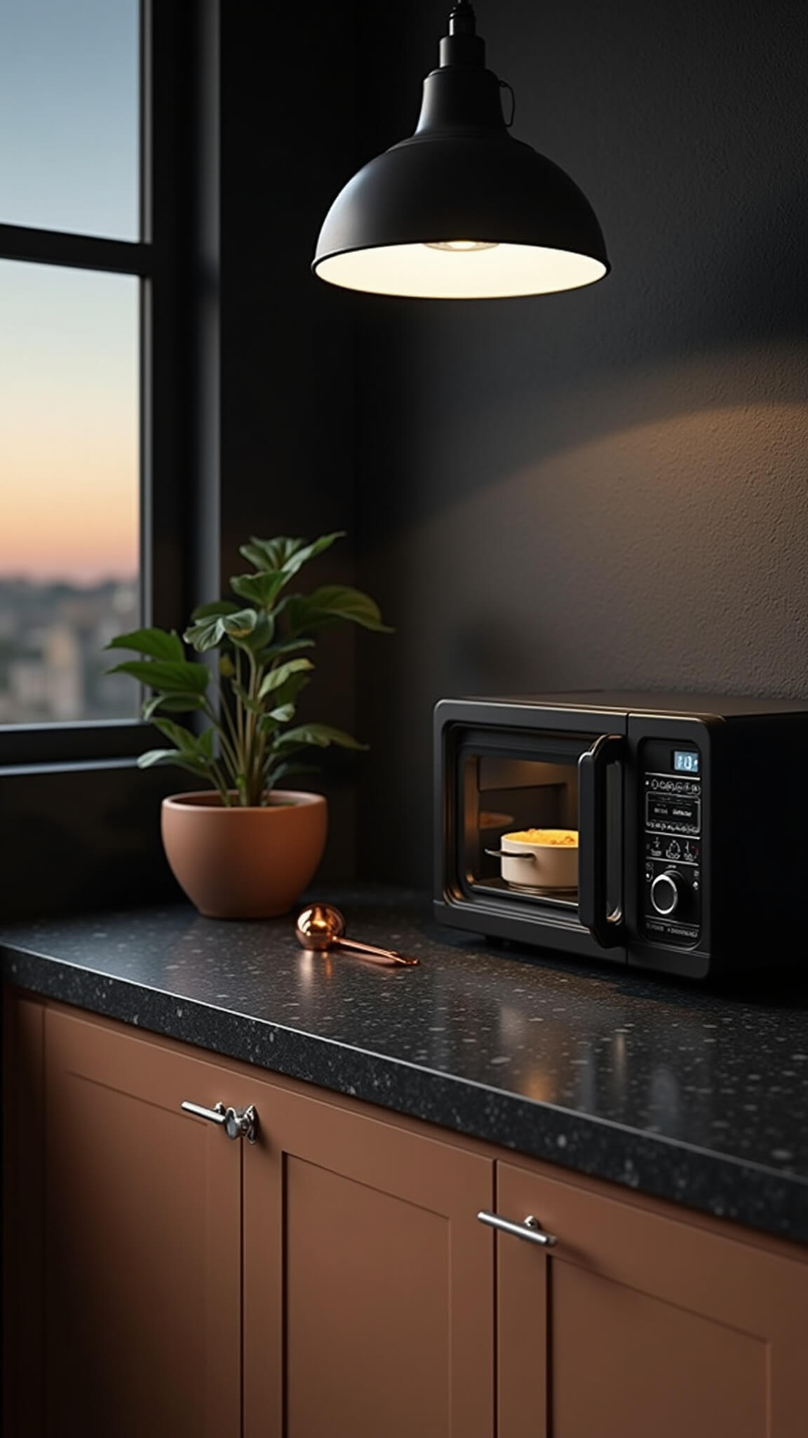 Close-up of a modern kitchen at dusk showing a mug cake cooking inside a microwave, with dramatic spot lighting, a sleek black granite countertop, and a copper measuring spoon nearby.