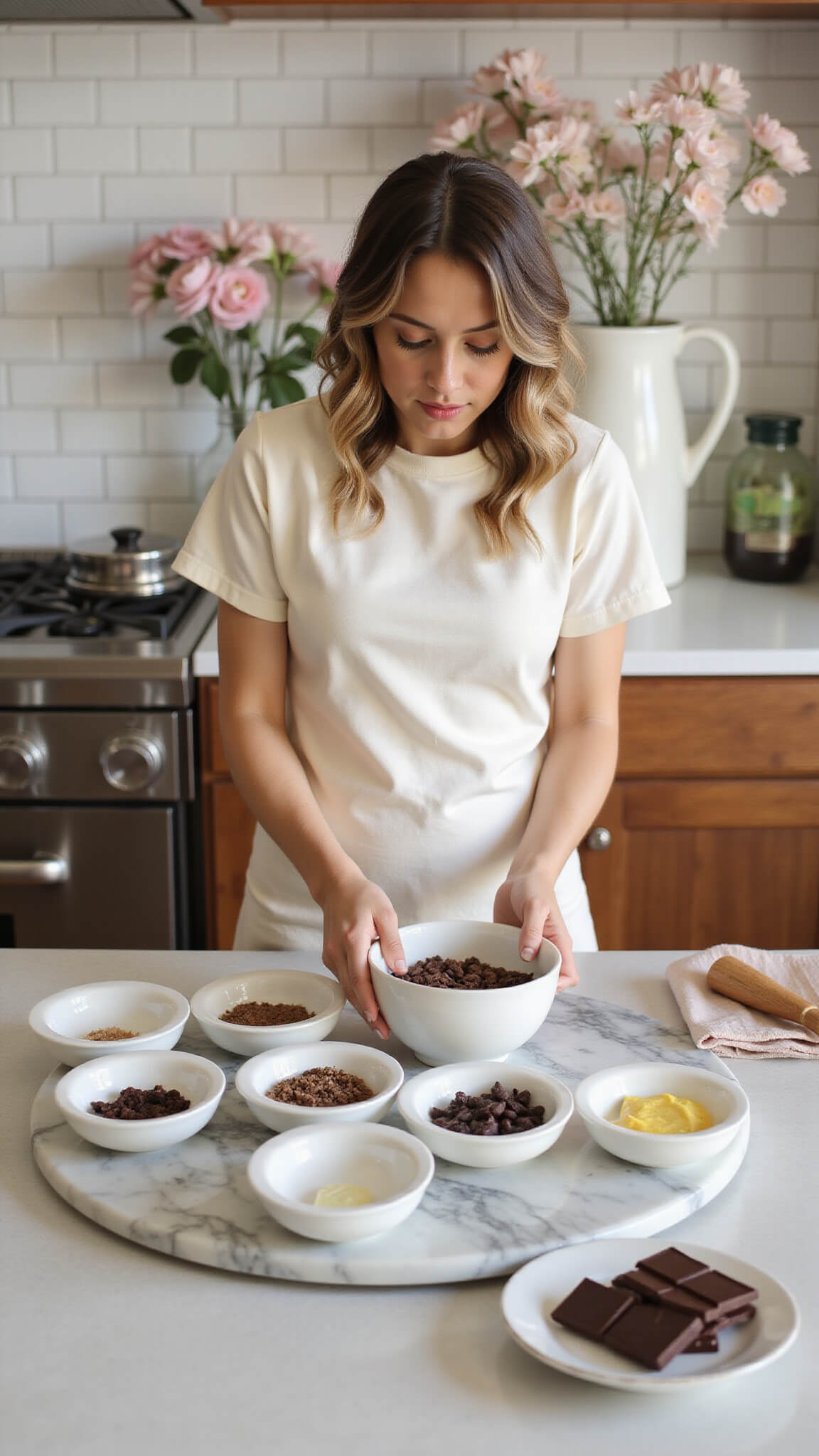 Person preparing ingredients in a cream-colored L-shaped kitchen with subway tile backsplash, white ceramic bowls filled with assorted chocolates on a marble pastry board, and pale pink flowers softly blurred in background.