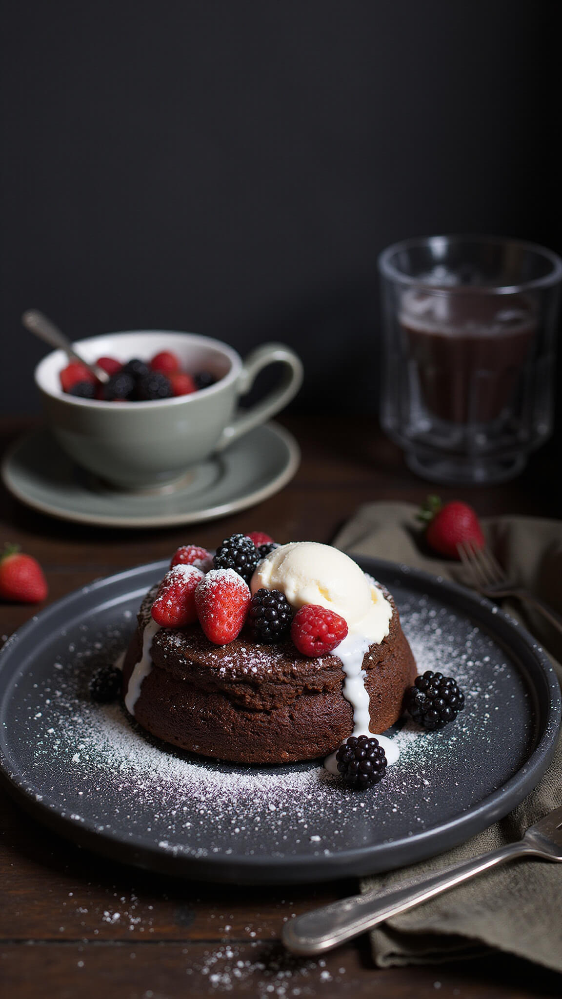 Plated chocolate mug cake with powdered sugar, melting vanilla ice cream, and fresh berries on dark surface, styled with vintage silverware and textured napkin under dramatic studio lighting.