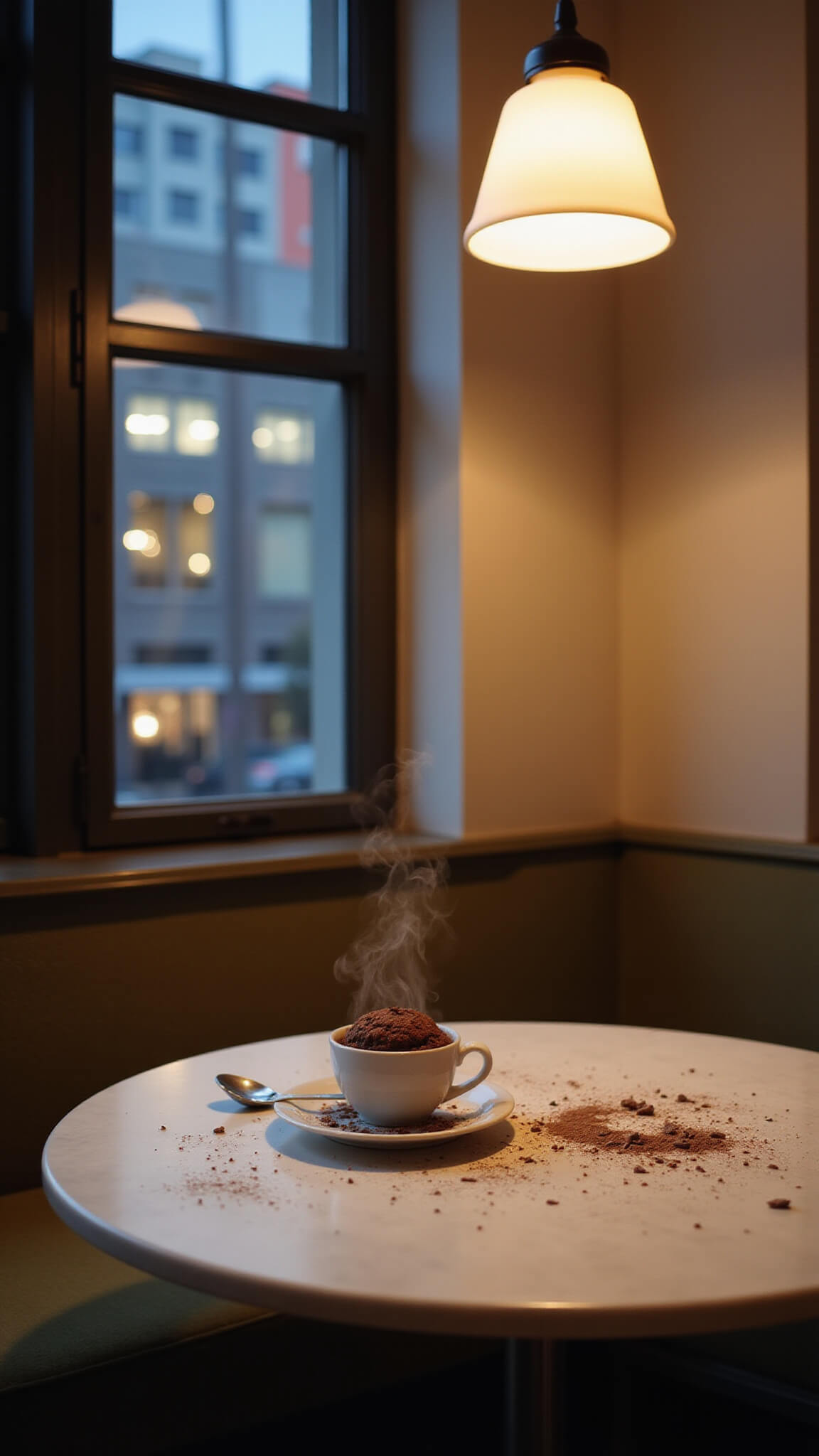 Cozy dessert scene in a breakfast nook with a marble table, finished mug cake steaming, chocolate shavings scattered, and city lights glowing through a bay window.