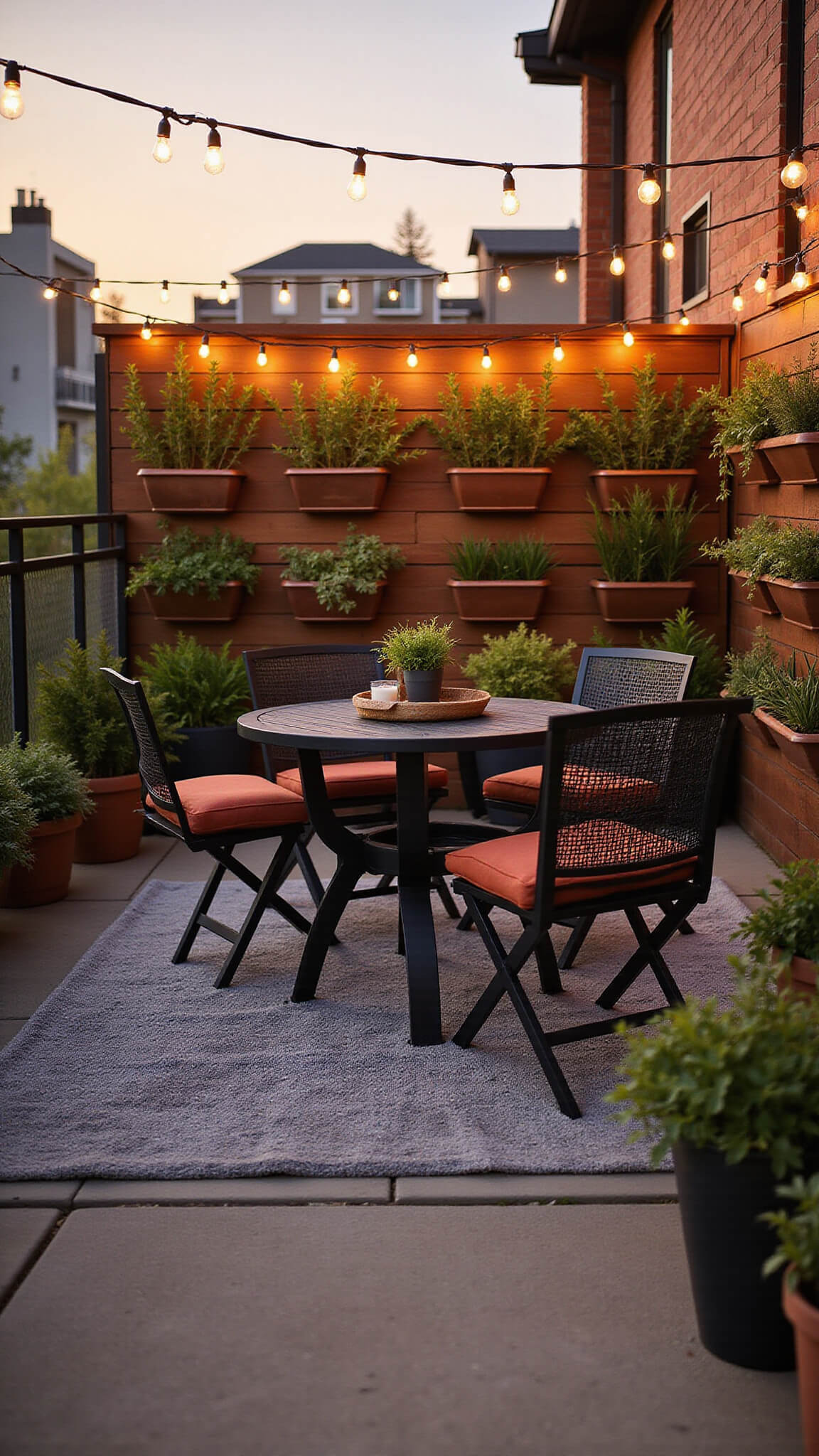 Cozy apartment patio at sunset with black bistro set on gray rug, string lights overhead, vertical herb garden in copper planters, and terracotta accents.