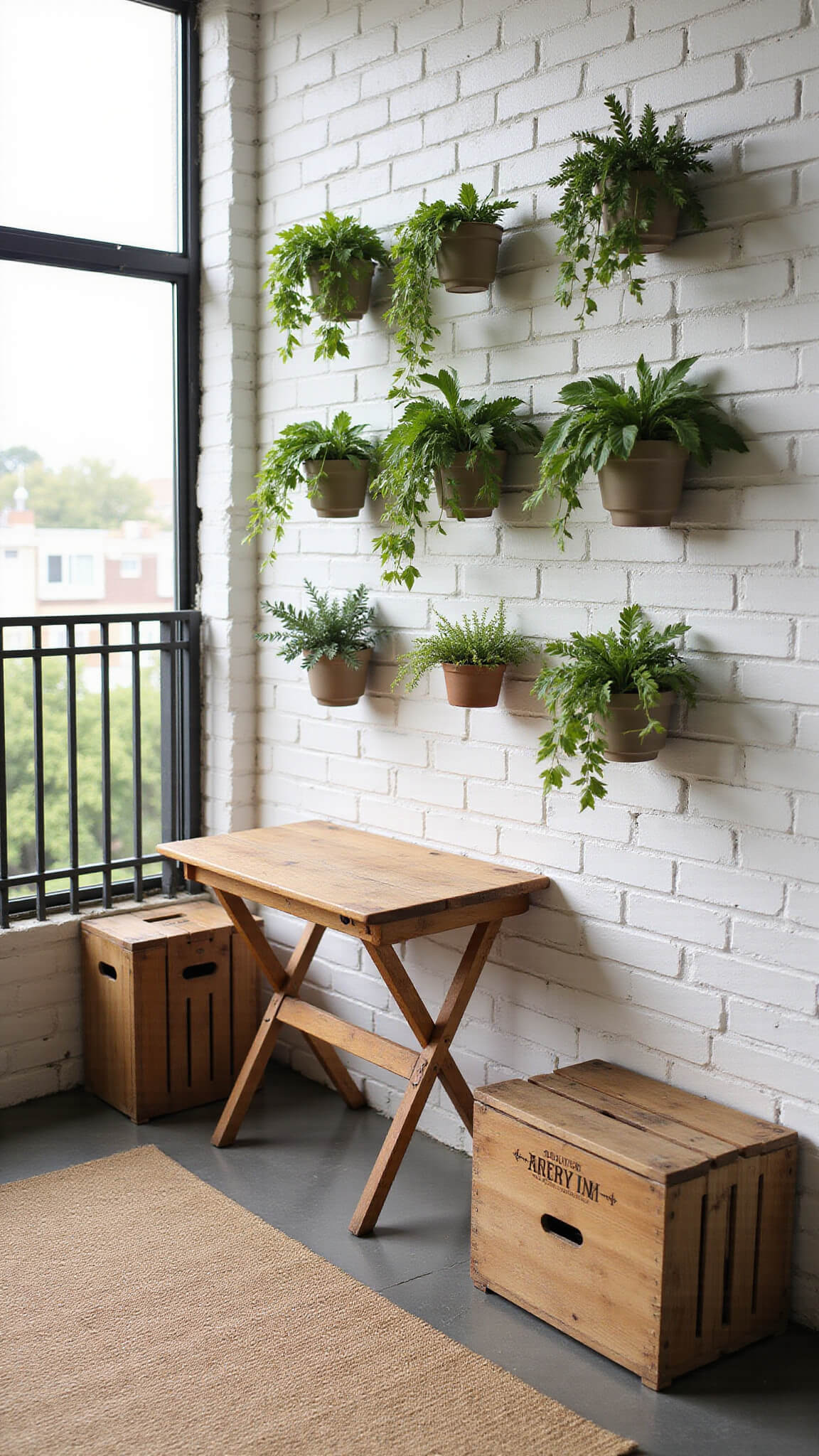 Vertical garden on cozy 5x7ft balcony with hanging planters, fold-away table, jute rug, and wooden crate storage in soft morning light.