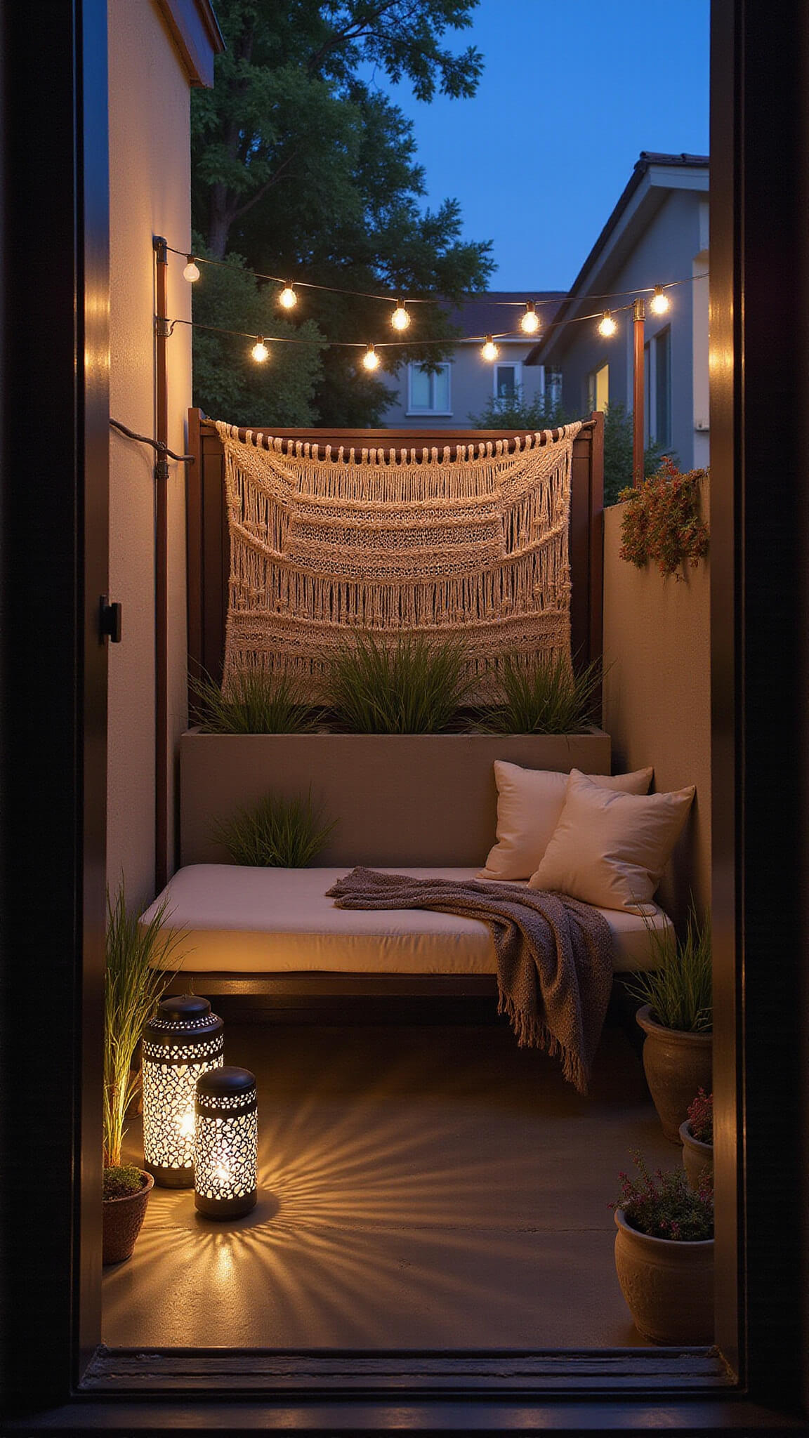 Cozy 7x6ft patio nook at dusk with charcoal daybed, cream cushions, macramé privacy screen, Moroccan lanterns, and ornamental grasses in concrete planters.