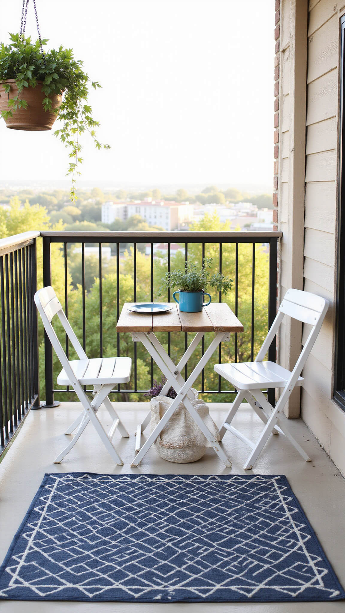 Cozy linear balcony with white metal chairs, reclaimed wood table, navy geometric rug, hanging ivy and flowers, enamel herb planters, overlooking city in morning light.