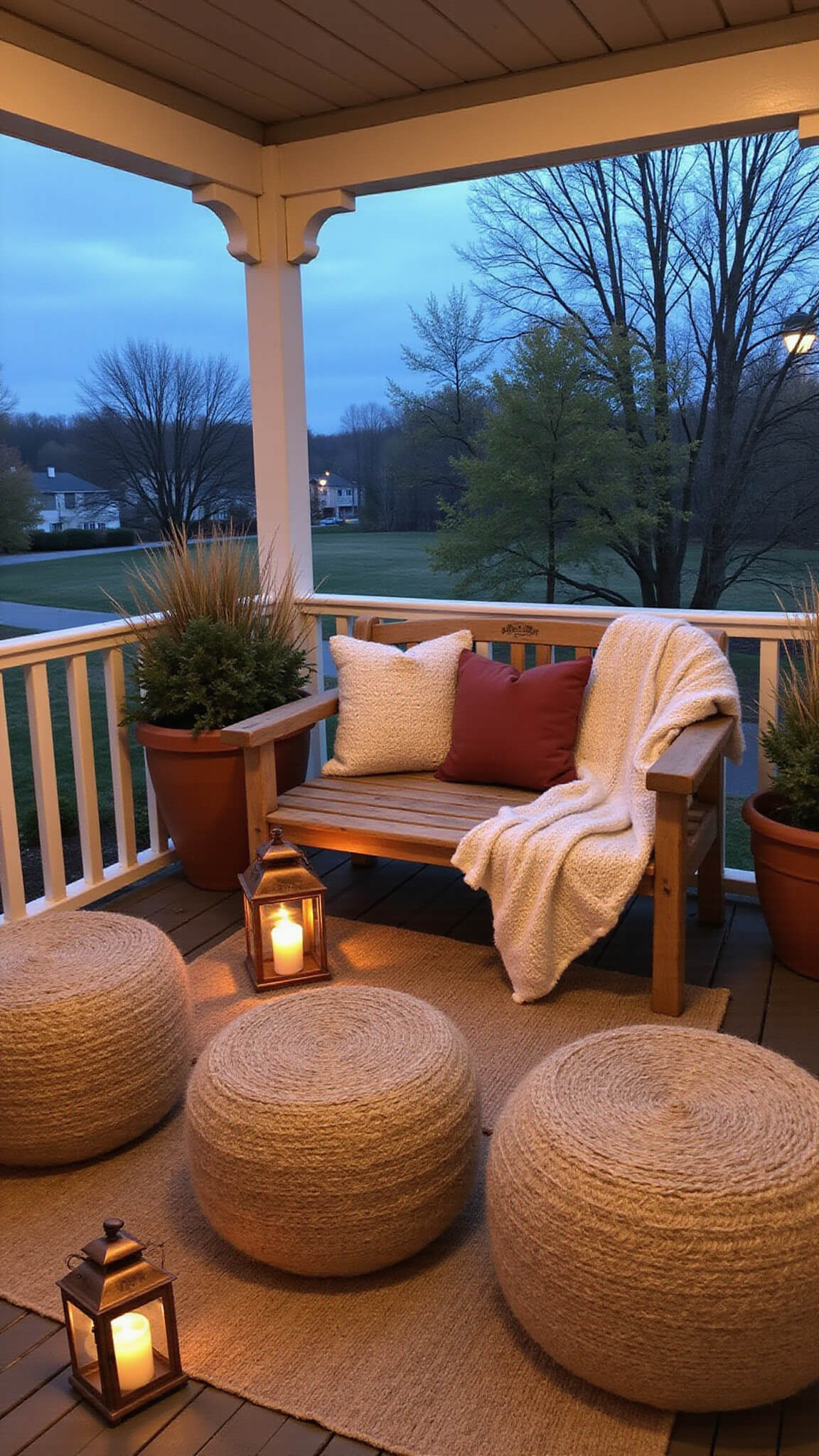 Cozy autumn balcony with teak loveseat, knit throws, copper lanterns, terra cotta pots of kale and grasses, jute poufs, and warm lighting at dusk.