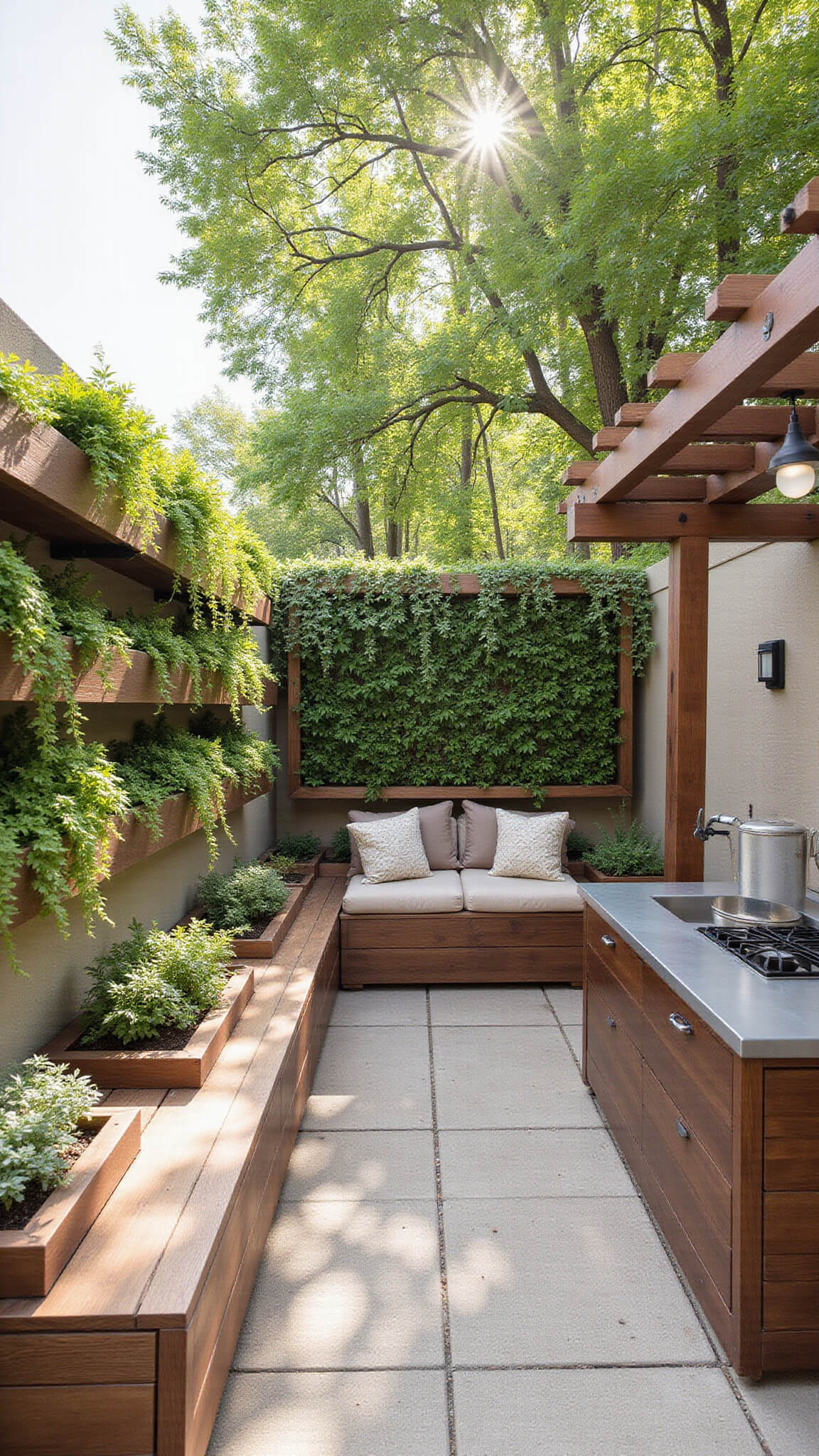 Micro garden sanctuary on a 5x10ft patio featuring custom bench seating with built-in planters, a vertical living wall of ferns and vines, floating shelf bar with vintage accents, natural fiber floor cushions, and dappled light from a pergola.