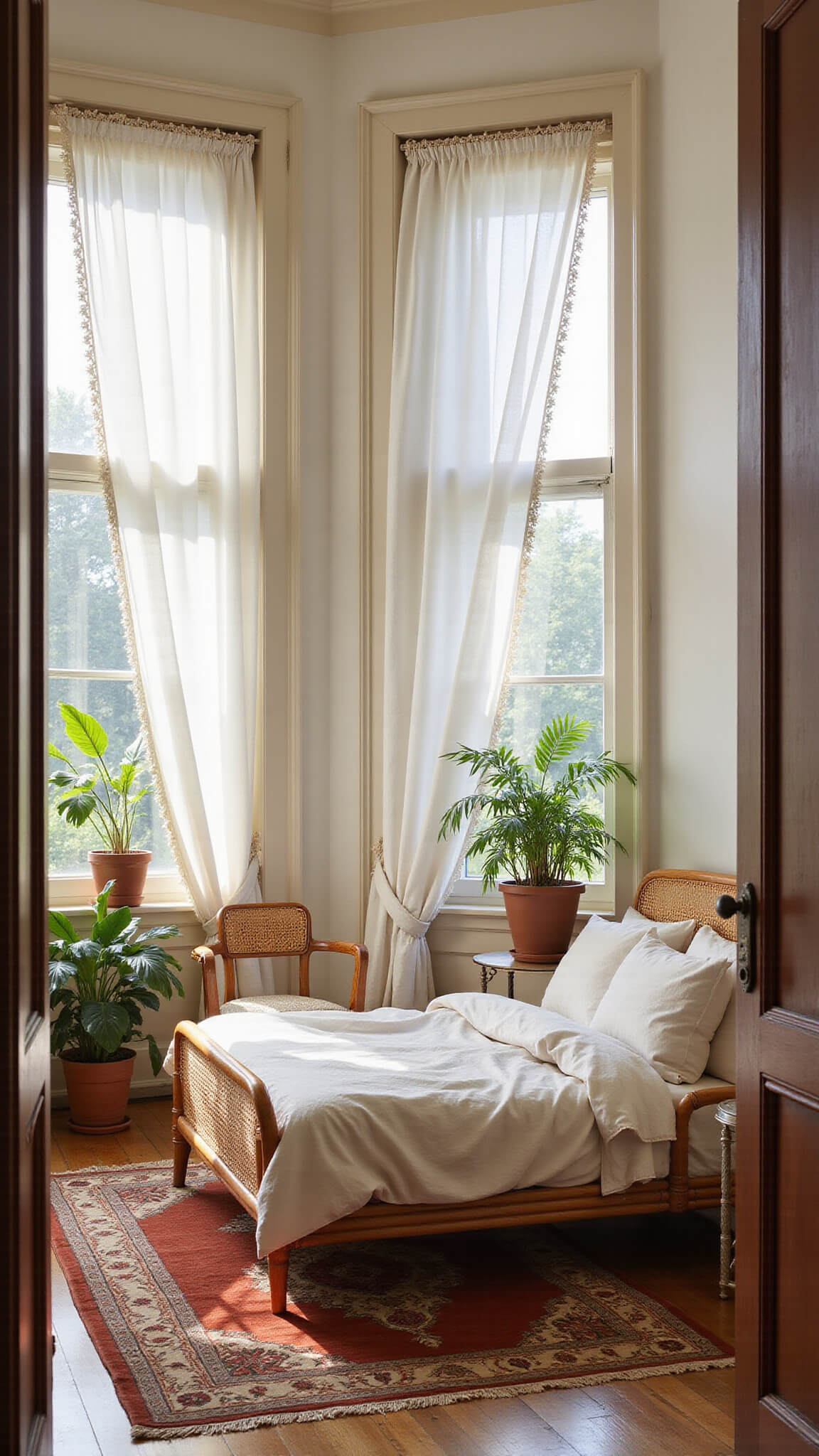 Sunlit bedroom with rattan bed, ivory linens, bay windows draped in white linen and amber curtains, layered Moroccan rugs, and lush greenery framed in natural daylight.
