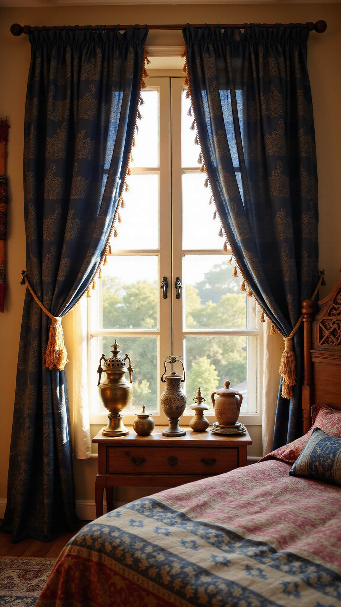 Bohemian bedroom corner with tall indigo curtains, tasseled edges, carved wooden headboard, layered textiles, brass lanterns, and golden hour lighting.