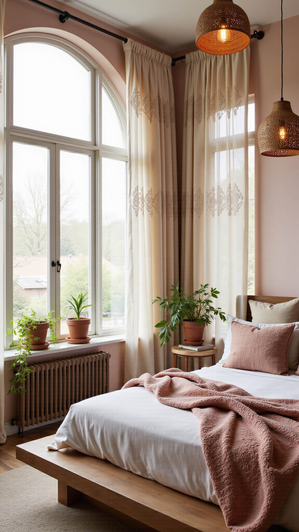 Wide-angle view of a romantic 16x18ft master bedroom with arched windows, blush sheer curtains, vintage kilim pillows on a platform bed, woven pendant lights, and terracotta potted plants on window ledges.
