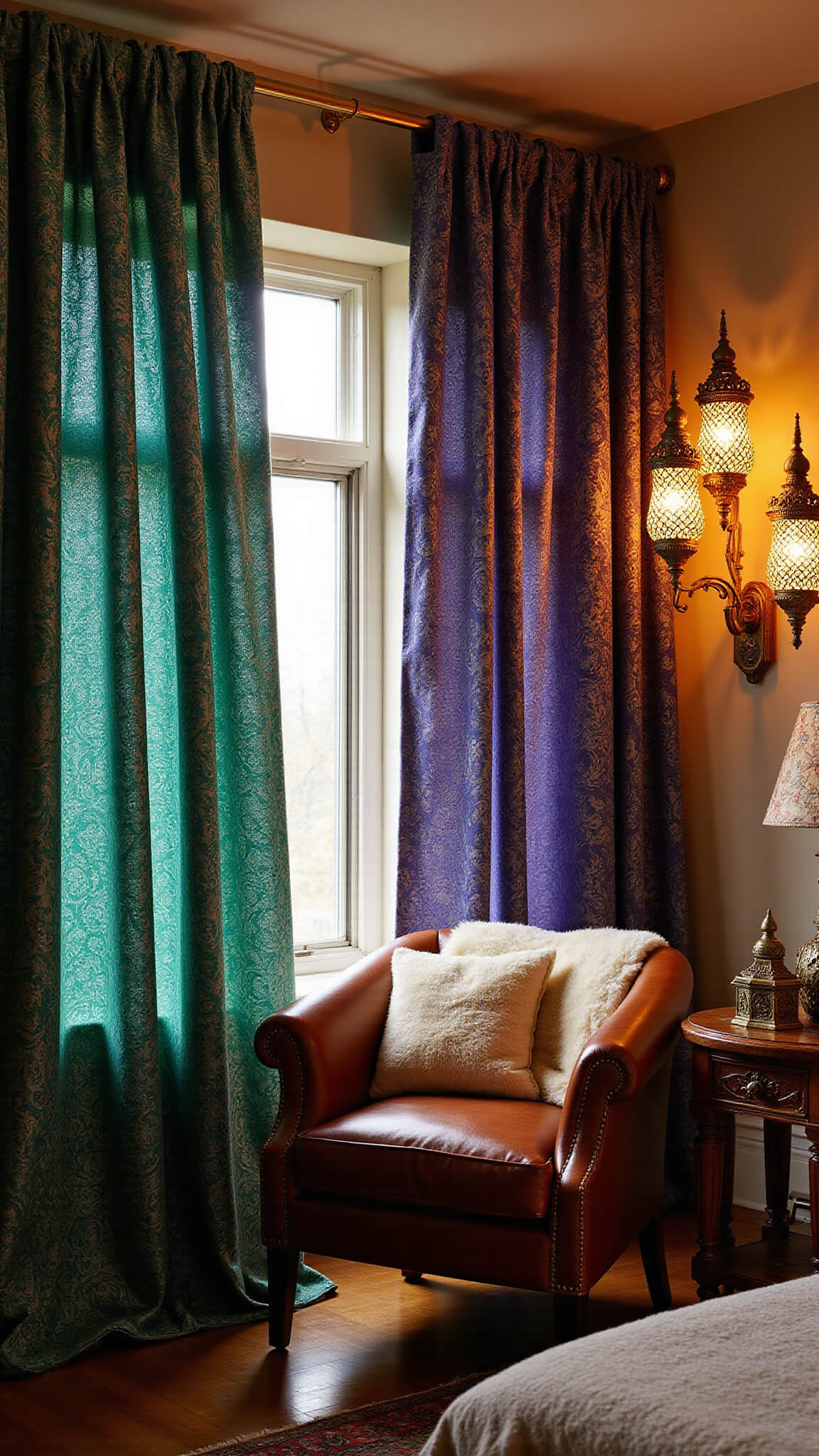 Cozy 10x12ft bedroom nook with jewel-toned paisley curtains, ornate brass rods, warm dusk lighting, leather chair with sheepskin, carved wooden table, and Moroccan lanterns casting patterned shadows.