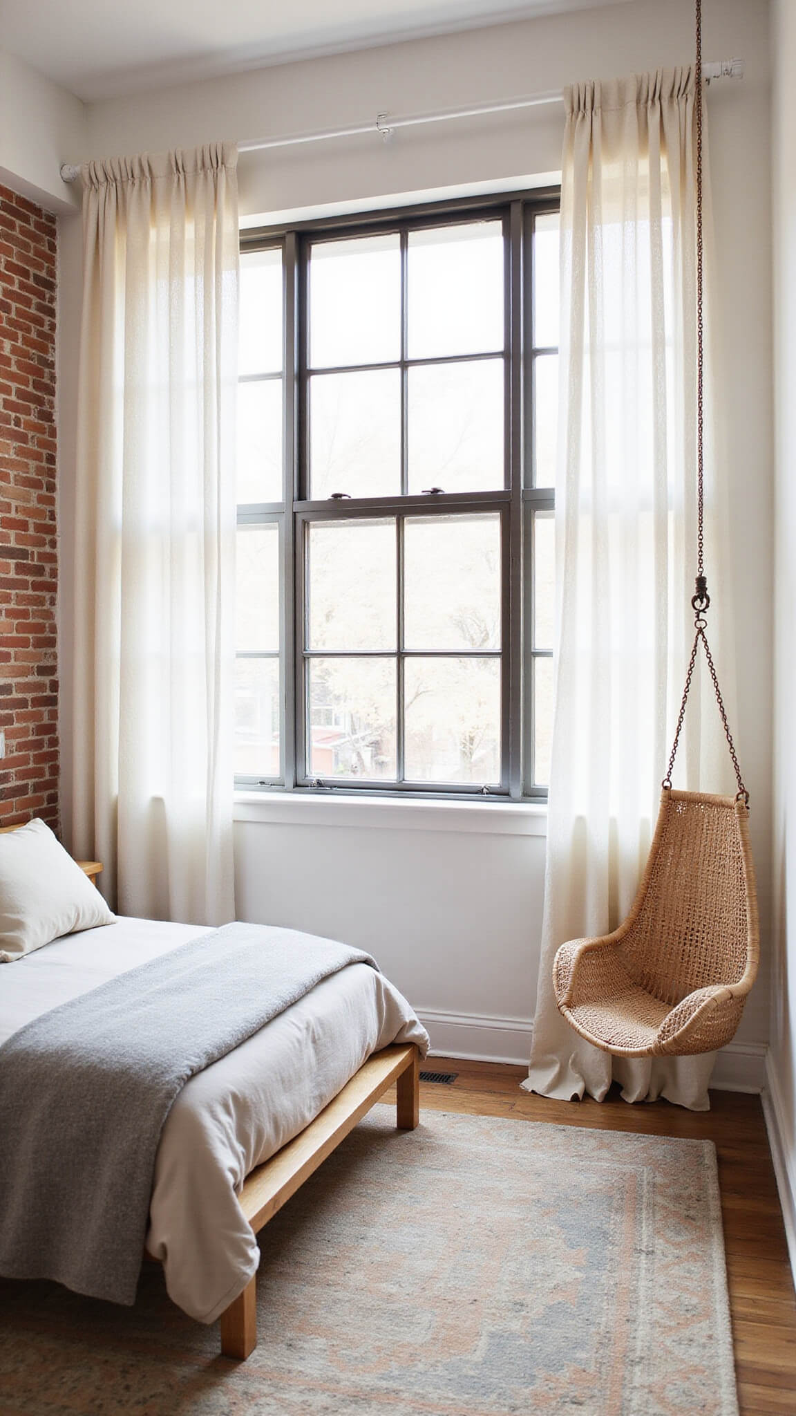 Minimalist 15x15ft bedroom with exposed brick wall, industrial windows, sheer ecru curtains, platform bed with neutral bedding, vintage Turkish rug, and hanging rattan chair in soft morning light.