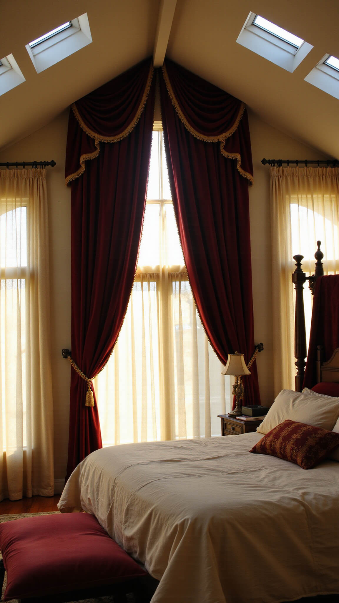 Luxurious 18x20ft cathedral-ceiling bedroom with layered burgundy velvet and sheer ivory curtains, golden hour lighting, four-poster bed with rumpled linen, and rich floor cushions.