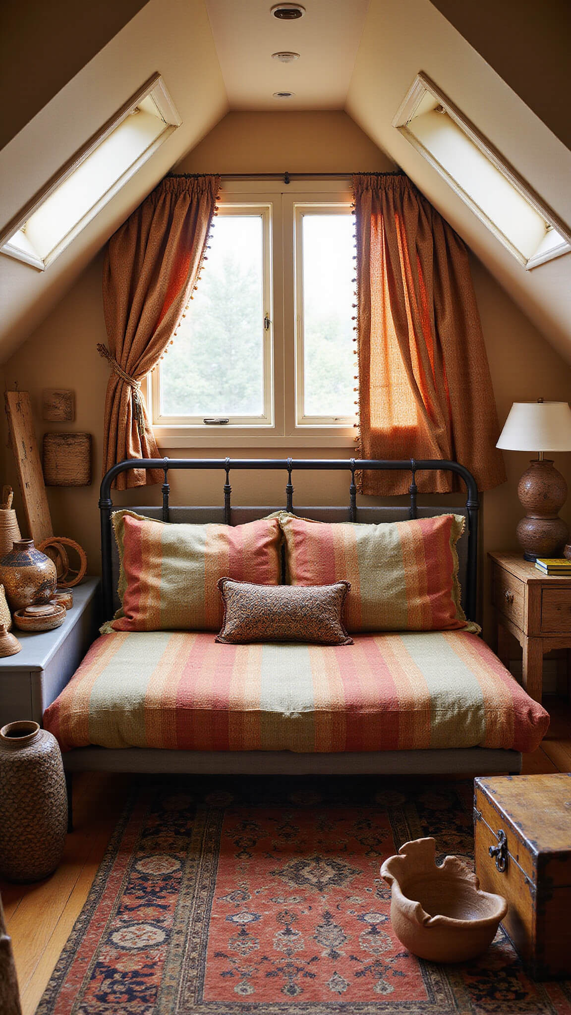 Warm attic bedroom with earth-toned ikat curtains, tribal textiles on low futon, vintage trunk nightstand, baskets, and ceramic vessels under angled ceiling.