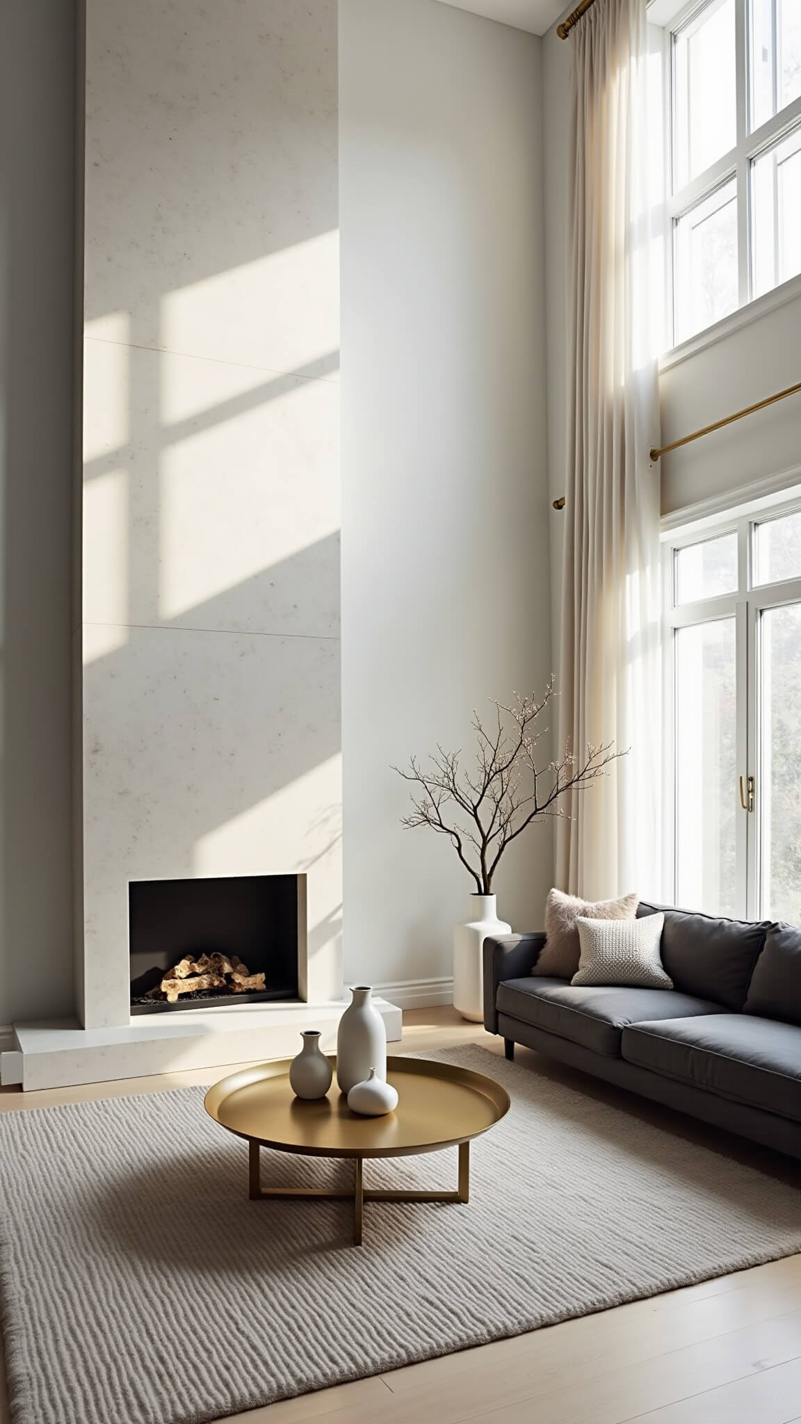 Modern minimalist living room with limestone fireplace, charcoal sectional, brass coffee table, and natural light streaming through floor-to-ceiling windows.