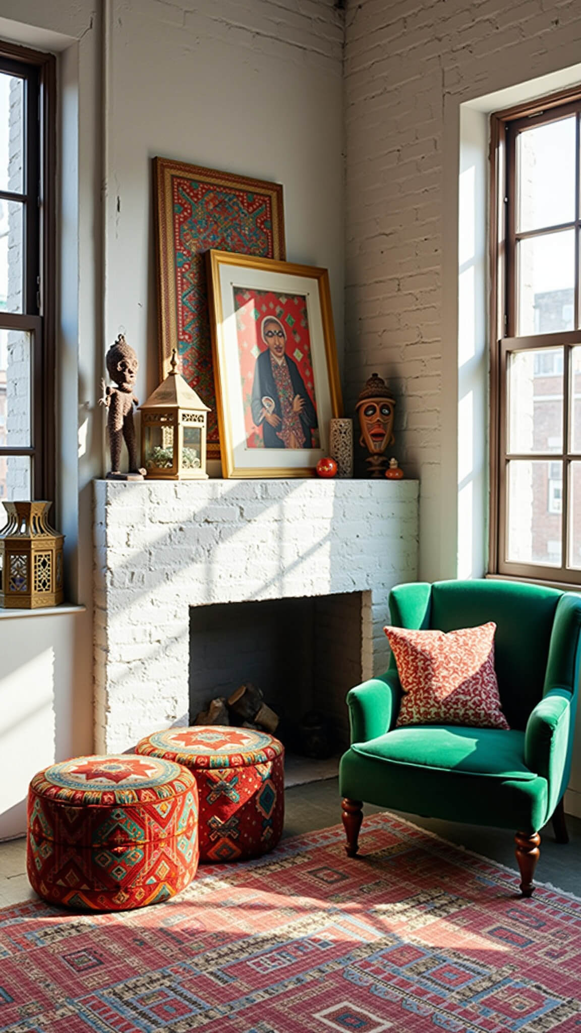 Eclectic Bohemian corner fireplace in artist's loft with global decor, emerald velvet armchair, and mid-afternoon light.