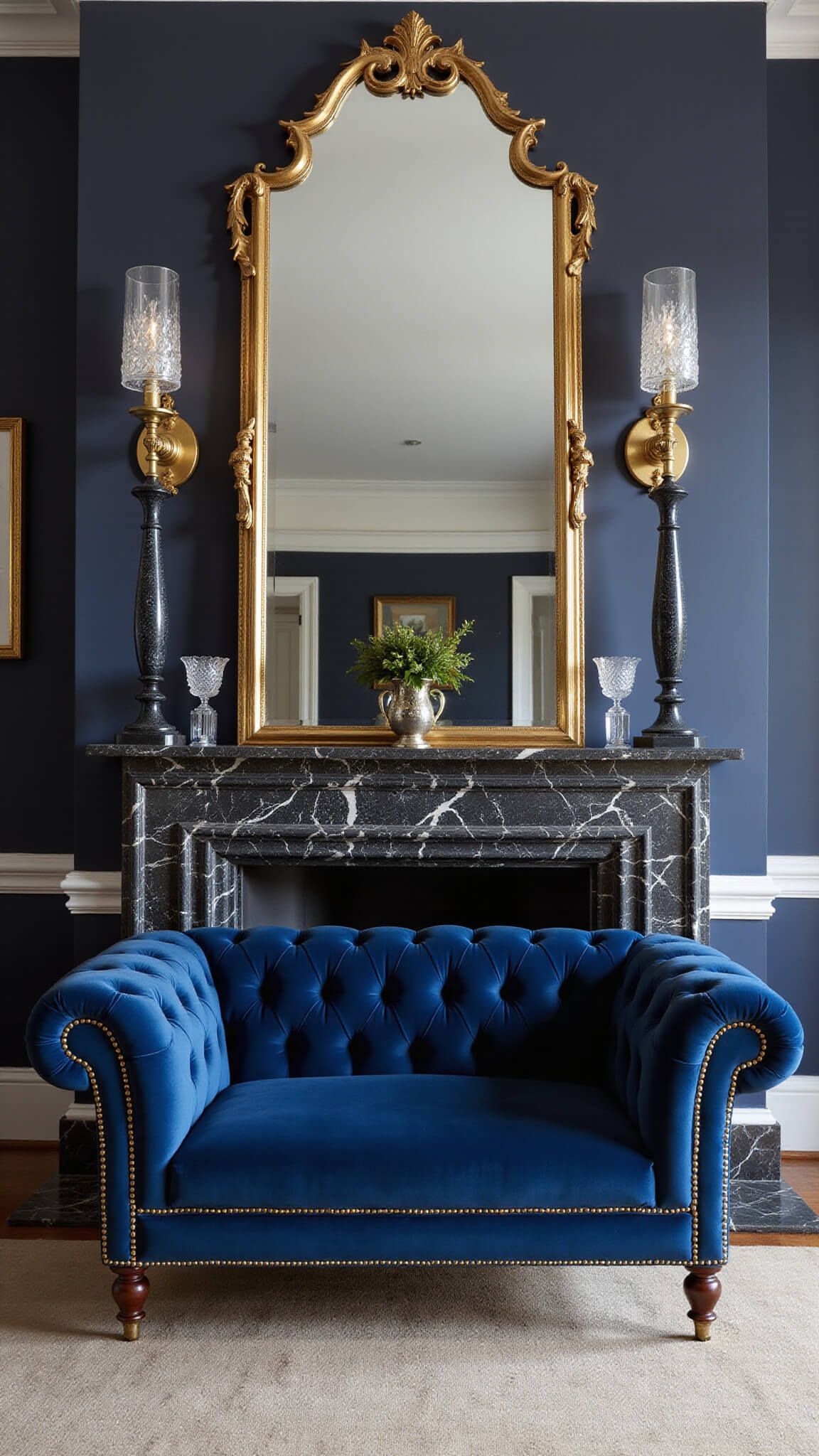 Art Deco sitting room with navy velvet sofa, marble fireplace, brass accents, and crystal sconces in evening lighting.