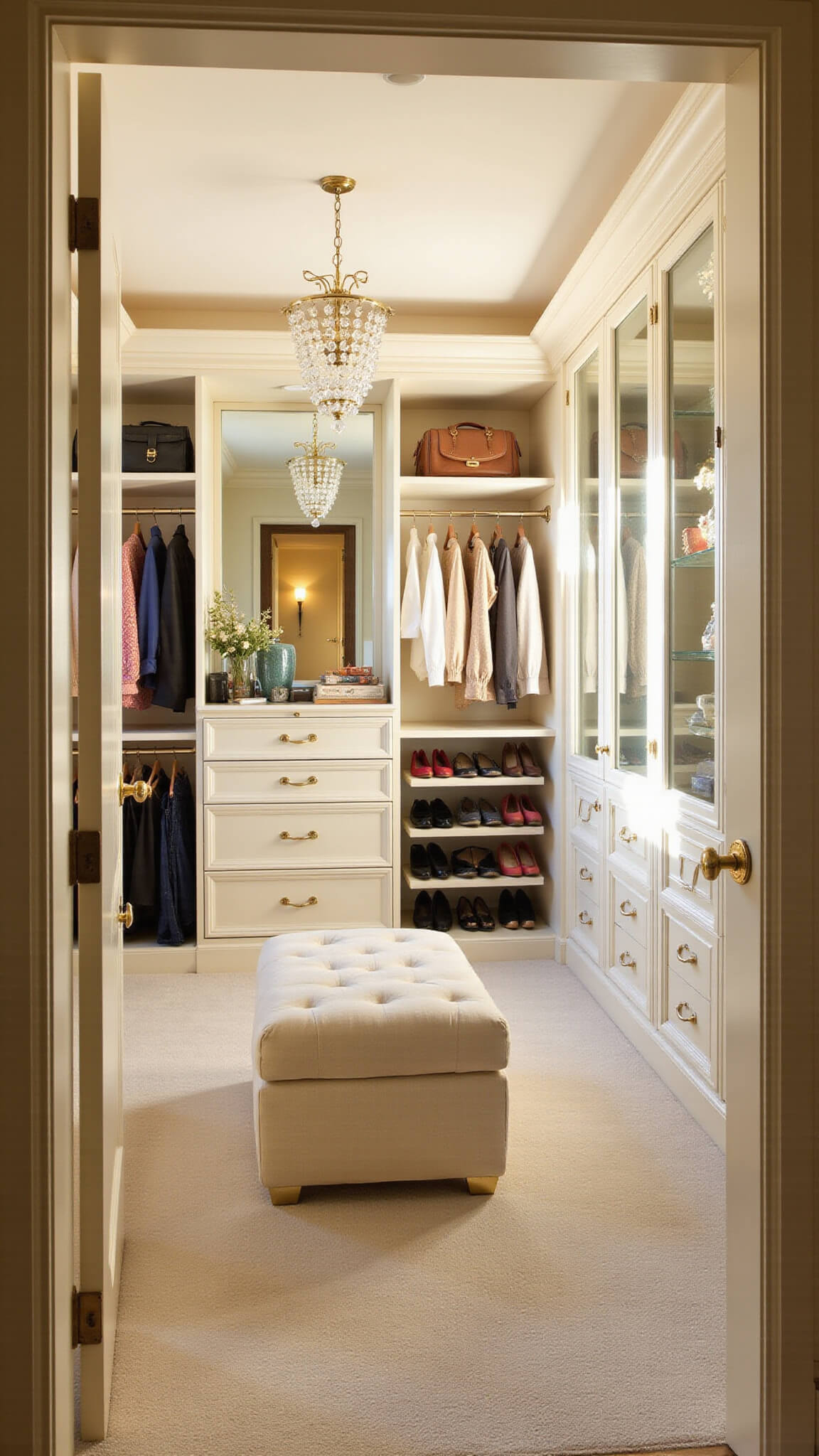Luxurious walk-in closet with white U-shaped cabinetry, brass hardware, central ivory tufted ottoman, crystal chandelier, and sunlight streaming through floor-to-ceiling window at golden hour.