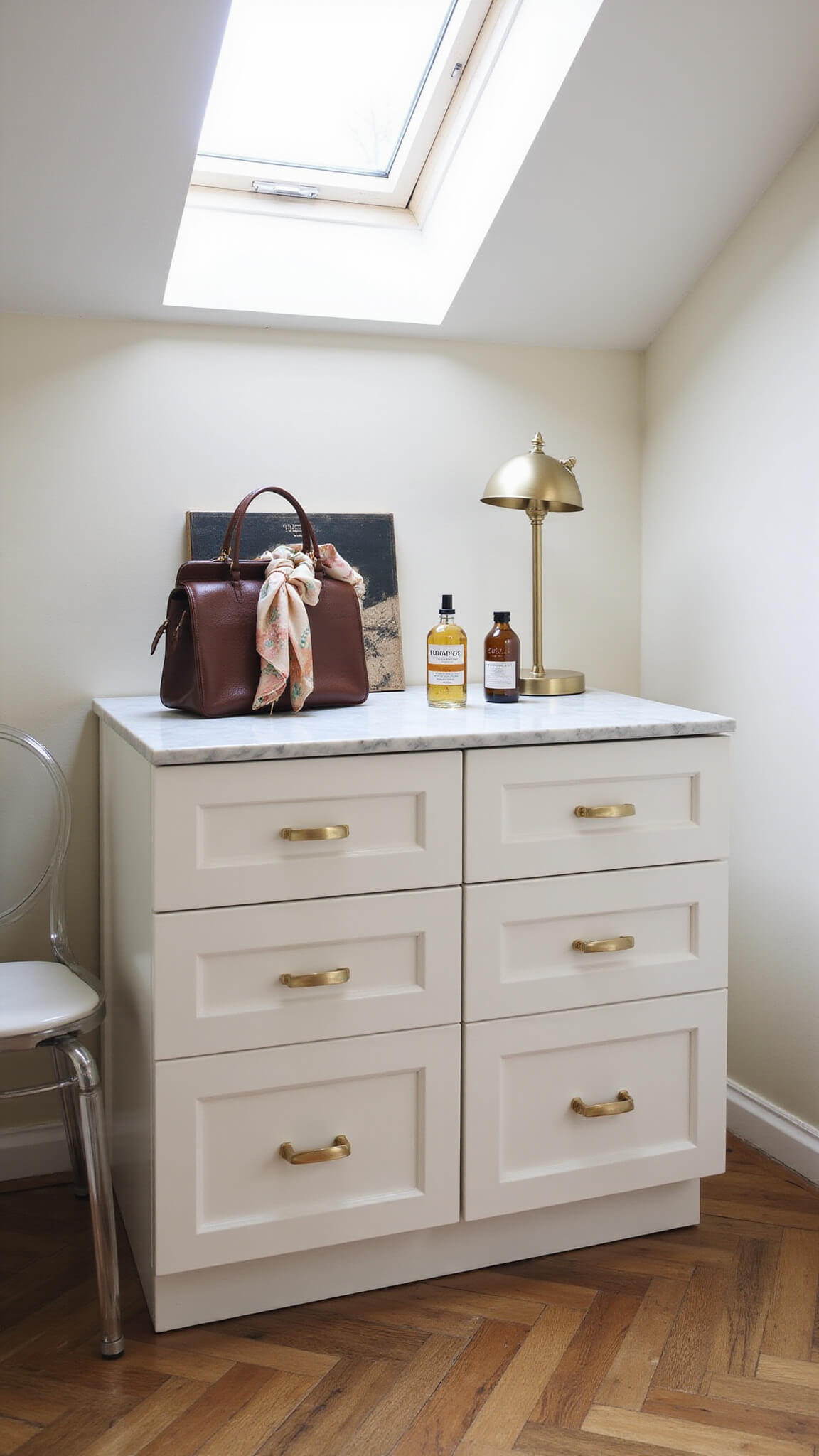 Low-angle view of elegant boutique-style closet island with Carrara marble top, white lacquered drawers, vintage accessories, brass lamp, and ghost chair on herringbone hardwood floor.
