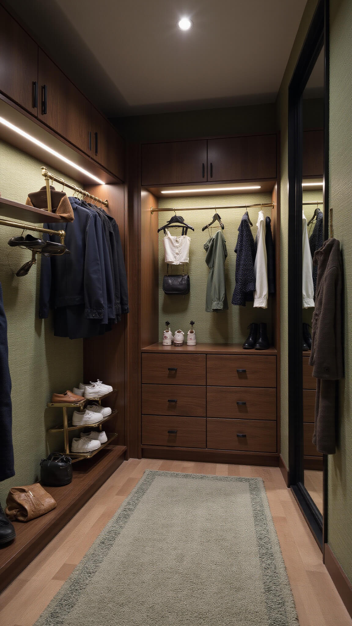 Eye-level view of a moody, sophisticated L-shaped custom closet with dark walnut cabinetry, LED-lit hanging rods, sage green grasscloth wallpaper, illuminated shoe wall, Turkish vintage runner, brass clothing rack, and black-framed full-length mirror.