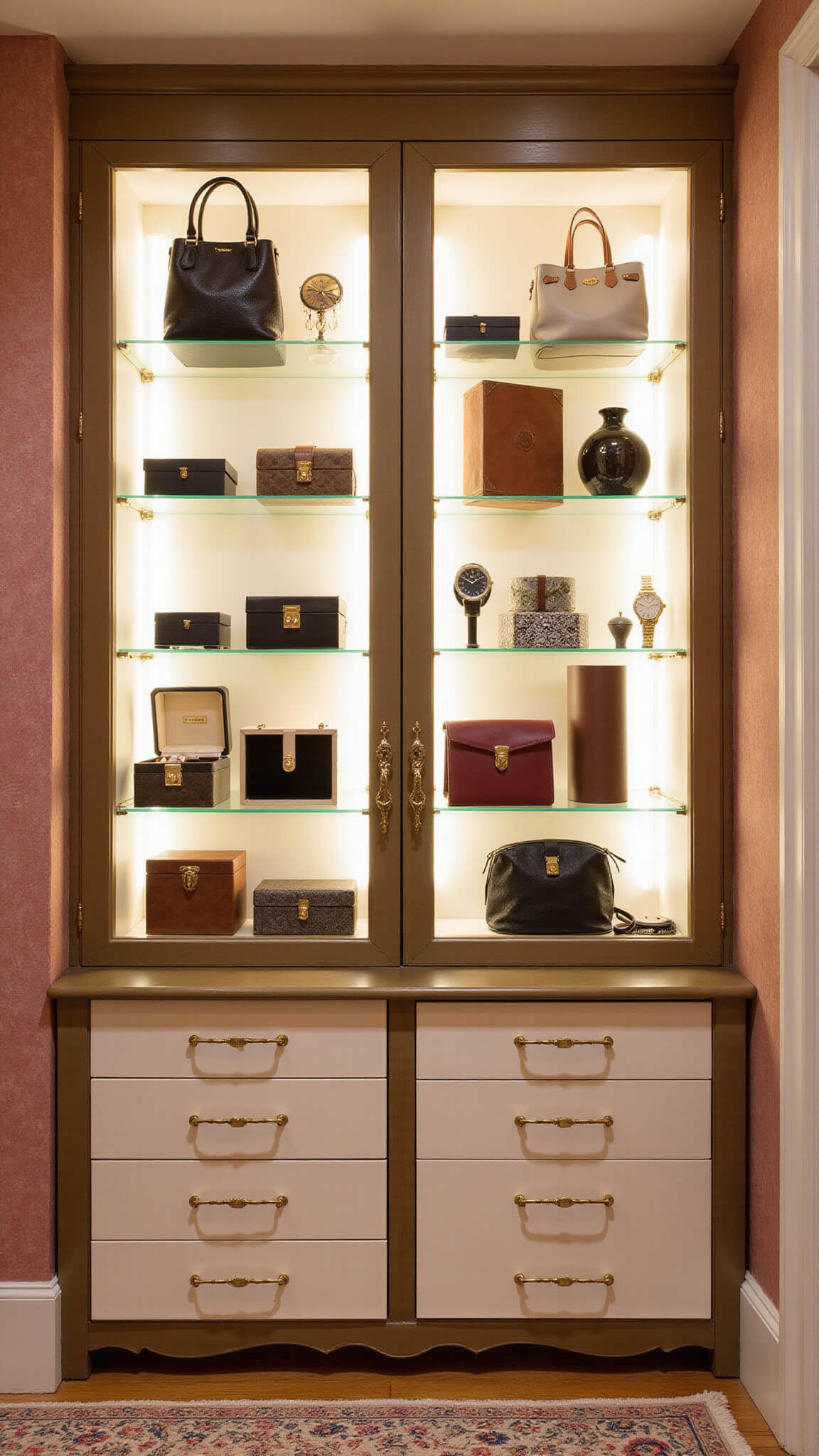 Illuminated accessory display with designer bags, jewelry, and watches in glass-front cabinets, set against blush pink wallpaper and vintage Persian rug.