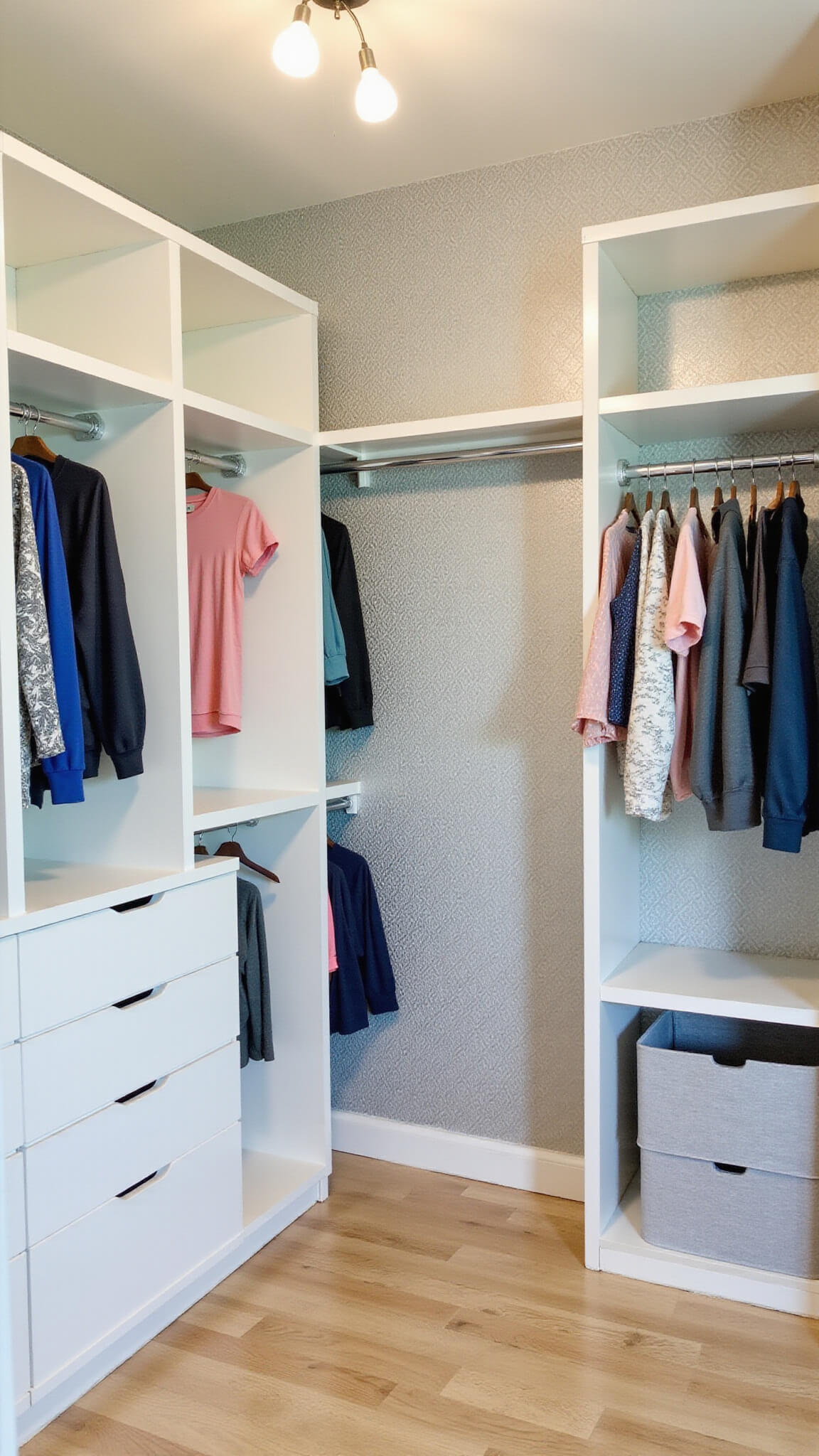 Bird's eye view of a meticulously organized closet with white melamine shelves, color-coded clothes, acrylic dividers, chrome rods, gray linen boxes, and light oak floors under warm lighting.