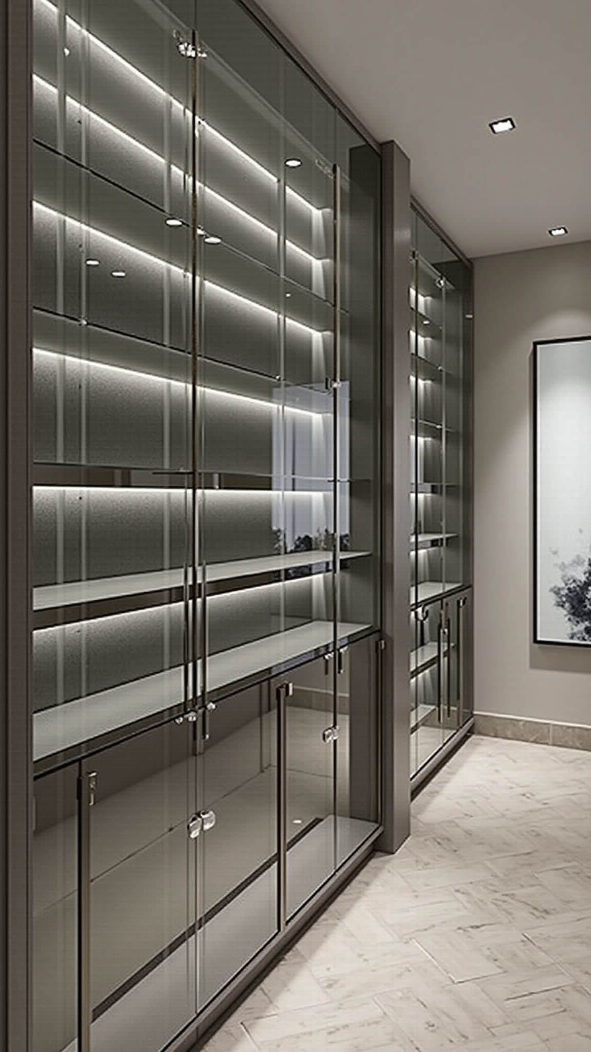 Eye-level detail of a dramatic shoe wall with LED-lit, glass-front cabinets, acrylic shelves, gray suede lining, chrome hardware, mirror backs, and herringbone marble floors.