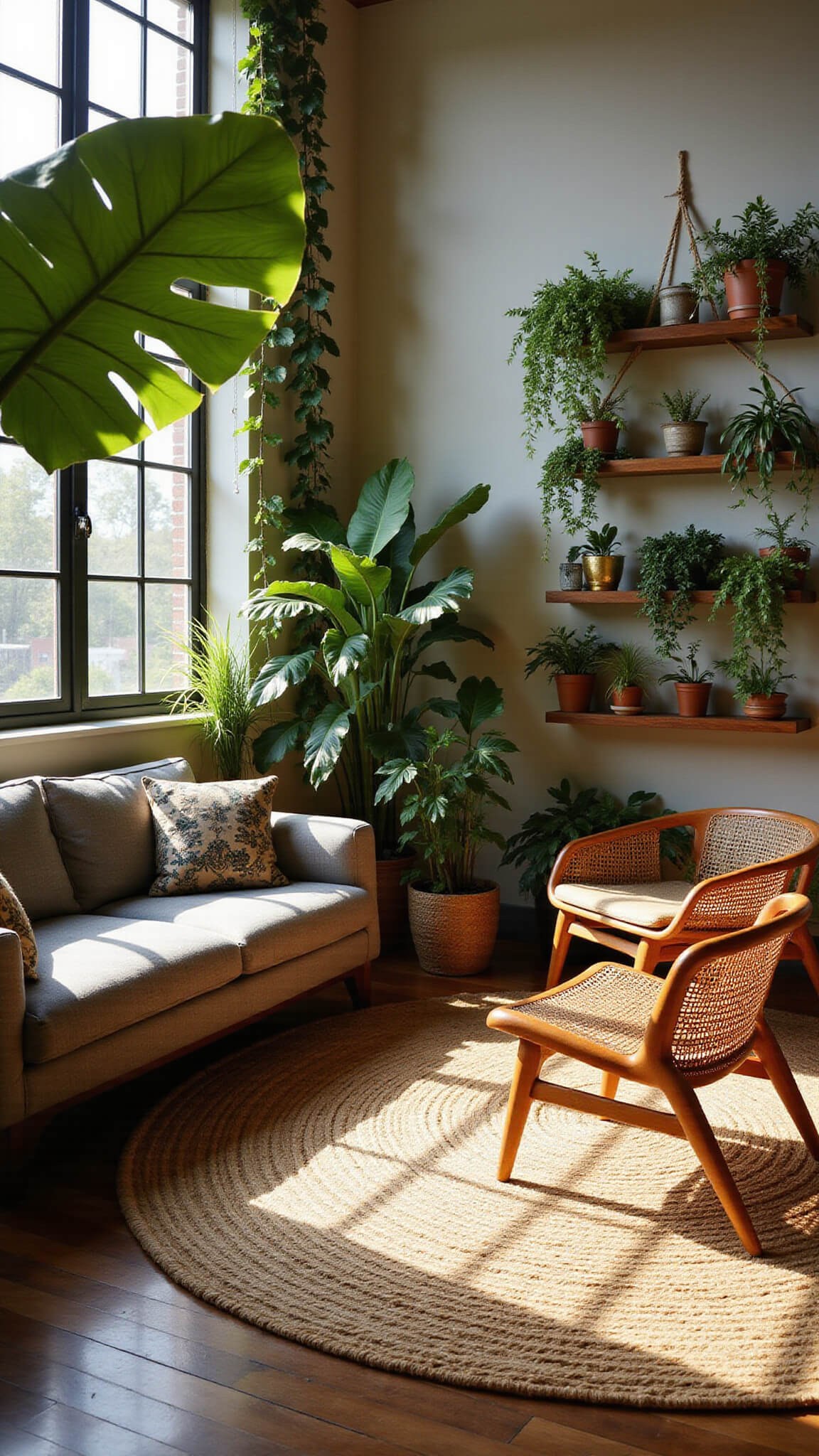Sunlit urban jungle living room with mid-century modern furniture, layered indoor plants, and warm golden hour lighting creating dramatic shadows and a lush, peaceful atmosphere.