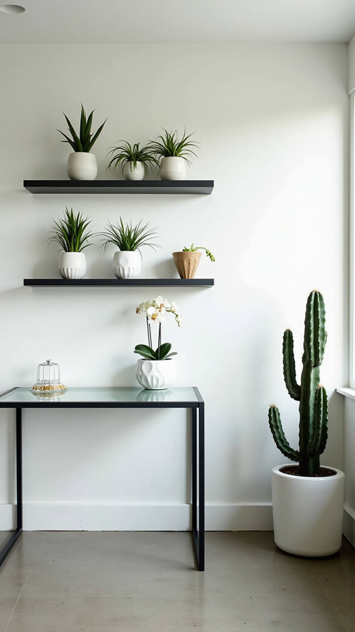 Minimalist home office with white walls, glass desk, floating shelves holding snake plants, polished concrete floors, and architectural cacti in a bright, symmetrical setting.