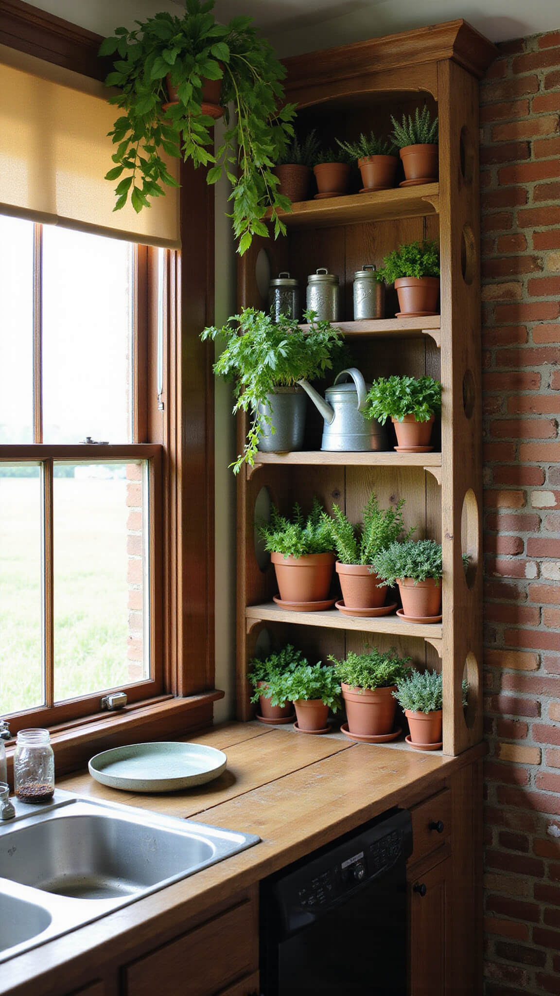 Cozy farmhouse kitchen with terracotta potted herbs on a wooden shelf, late afternoon light through cafe curtains, exposed brick wall, and butcher block counter with mason jar propagation station.