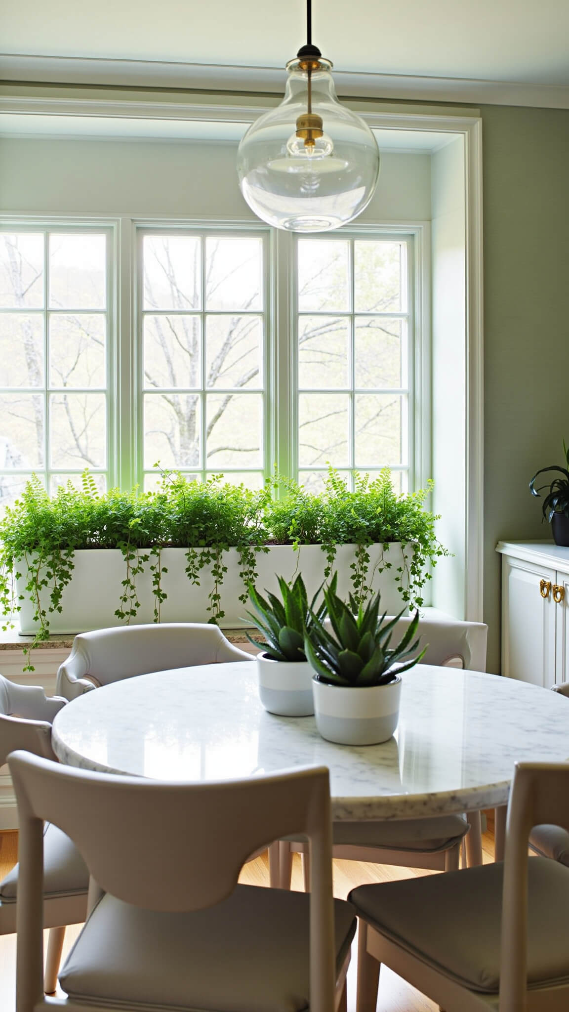 Modern greenhouse-style dining room with marble table, glass pendant lights, built-in window bench with ivy and ferns, white planters with sansevierias, brass accents, and sage green accent wall.