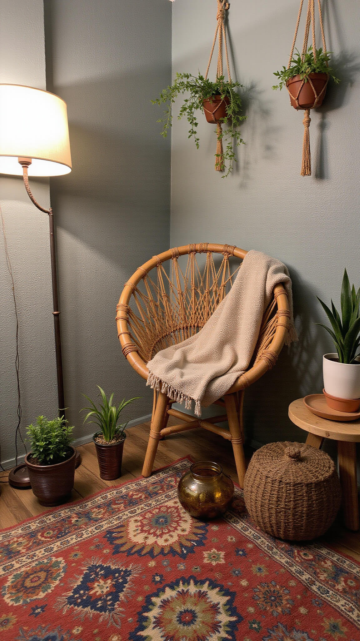 Cozy bohemian reading nook with hanging pothos and string of pearls, rattan peacock chair, Moroccan pouf, layered rugs, and warm dusk lighting.