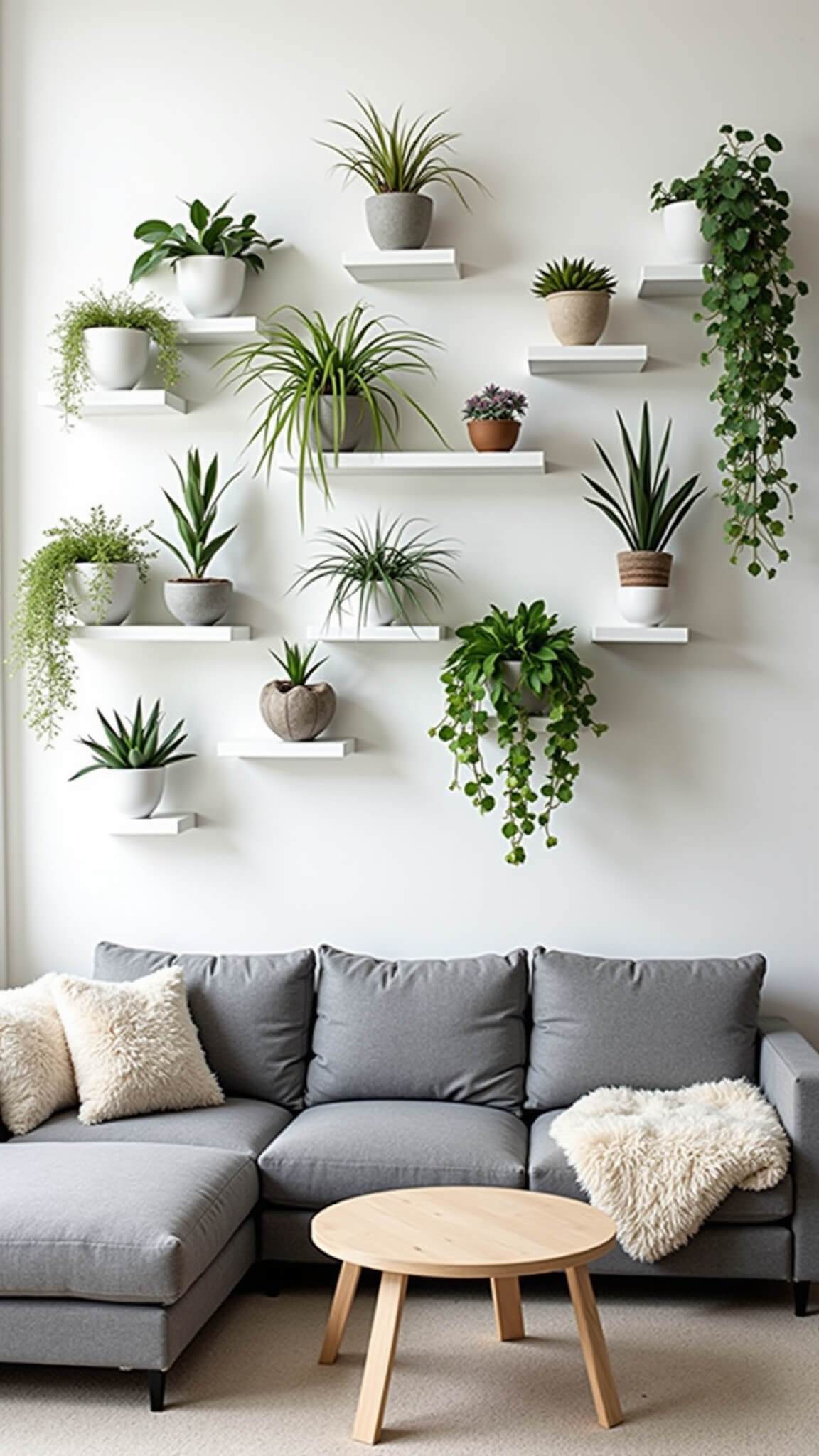Scandinavian living room with floor-to-ceiling plant wall on white floating shelves, featuring air plants, succulents, and vines in white and concrete planters; grey linen sectional, pale wood coffee table, and sheepskin throws add cozy texture in morning light.
