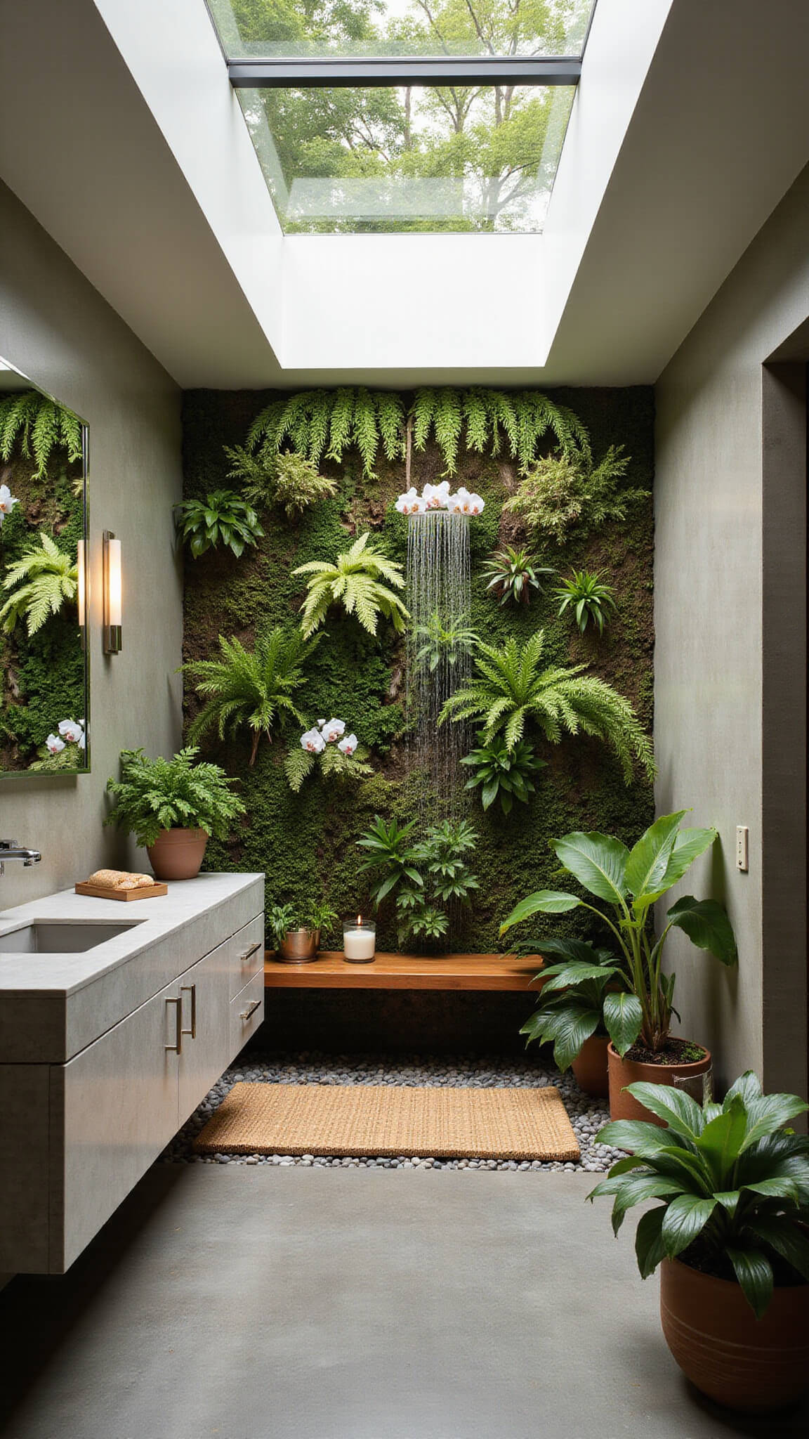 Spa-like tropical bathroom with living plant wall, rainfall shower, teak bench, floating vanity, and lush greenery reflected in large mirror.