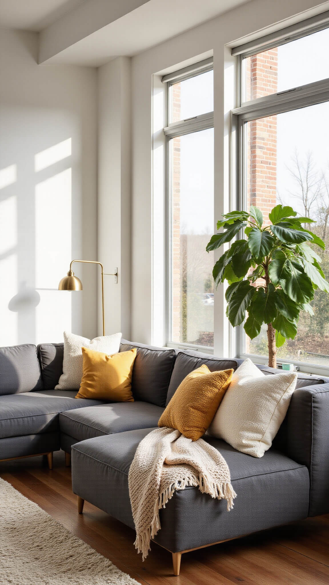 Sunlit modern organic living room with charcoal grey sectional, cream shag rug, fiddle leaf fig tree, and west-facing windows casting golden hour shadows.