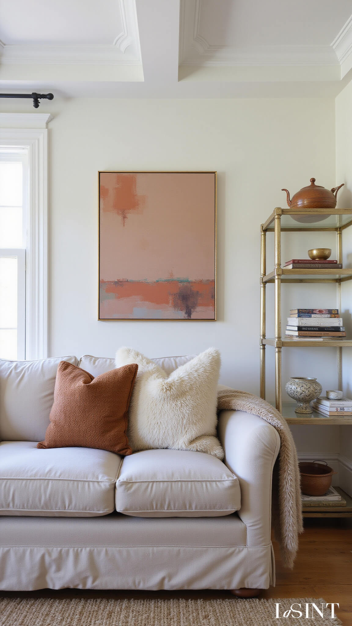 Elegant sitting room with pearl grey velvet sofa, earth-tone pillows, brass étagère, and oversized abstract art in warm tones, bathed in soft afternoon light.