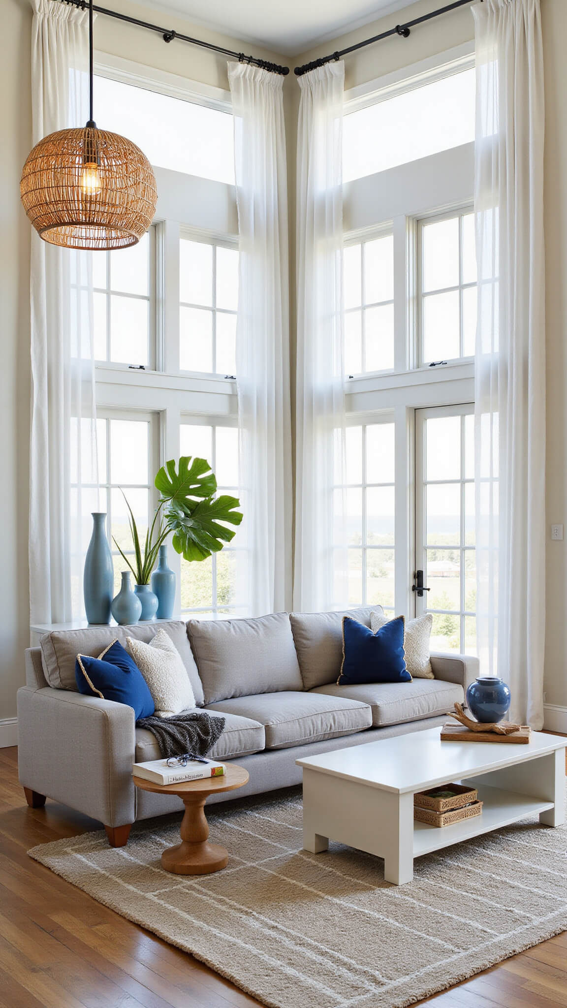 Modern coastal great room with grey sectional, jute rug, rattan pendants, blue ceramics, and floor-to-ceiling windows.