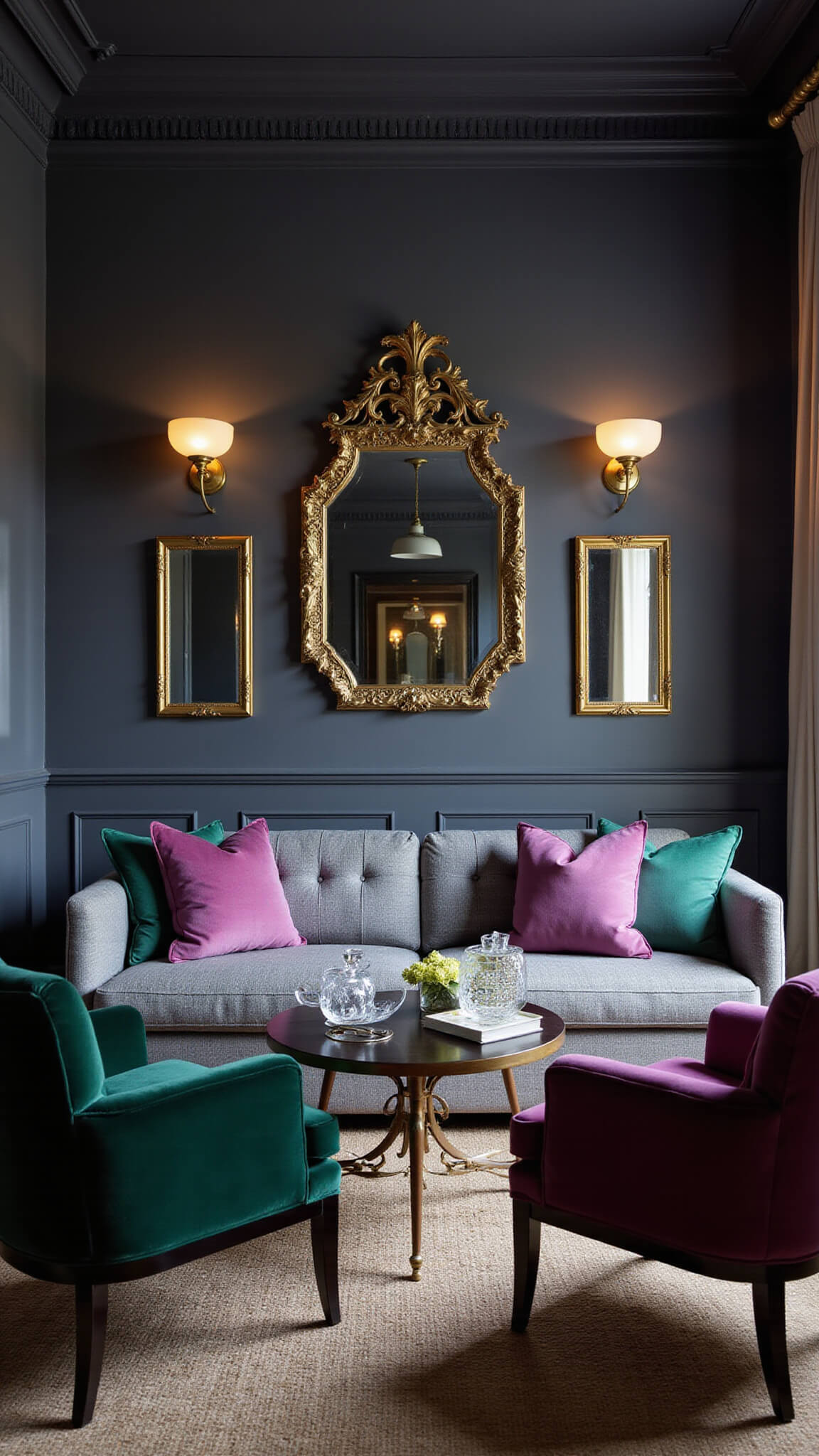Moody luxe contemporary den with dark ceiling, charcoal walls, jewel-toned furniture, antique brass sconces, and dramatic evening lighting.