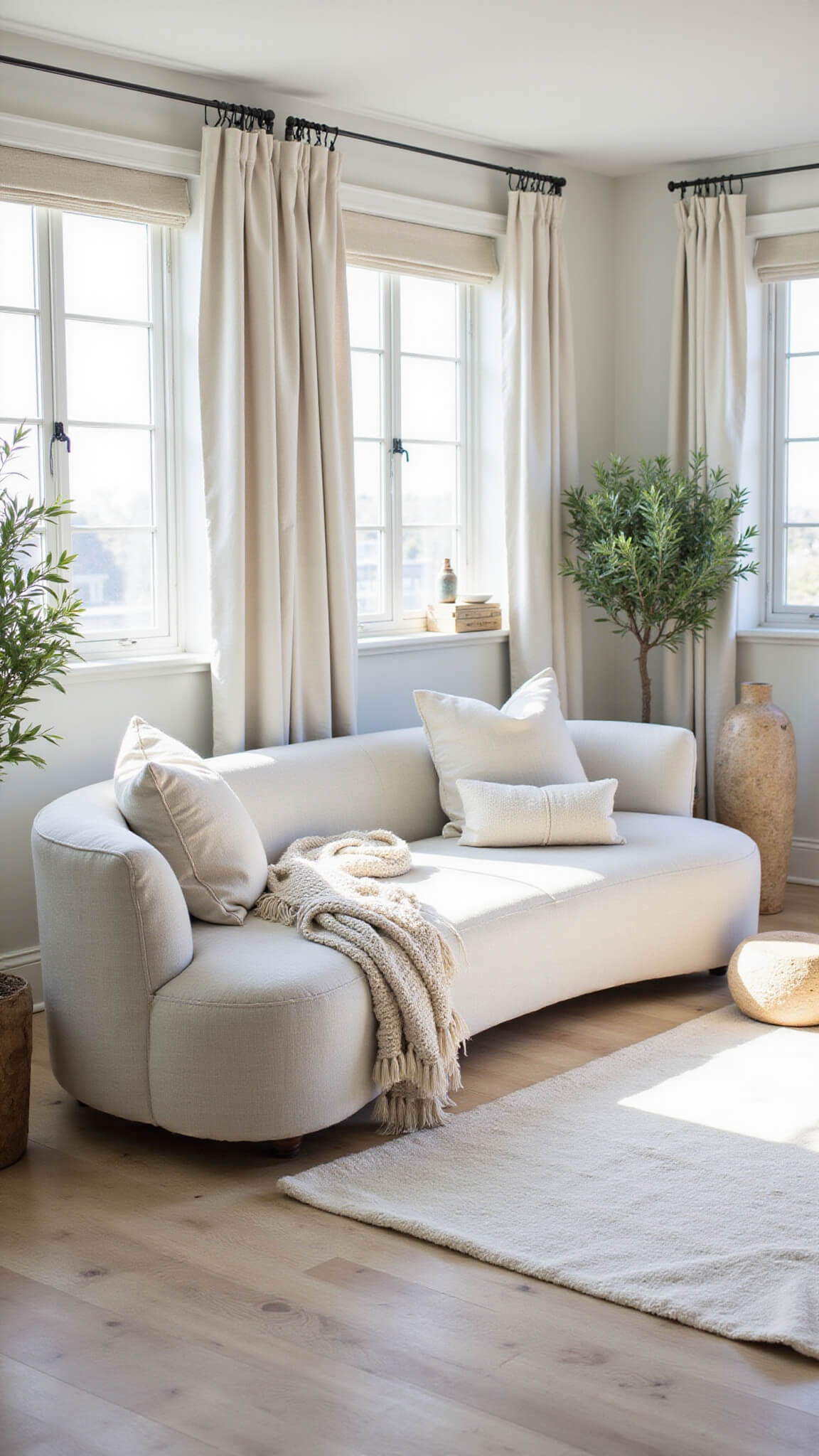 Light-filled 20x20ft corner room with grey curved sofa, bleached oak floors, layered white linens, olive trees, woven pendants, and natural stone tables in a California casual Mediterranean style.