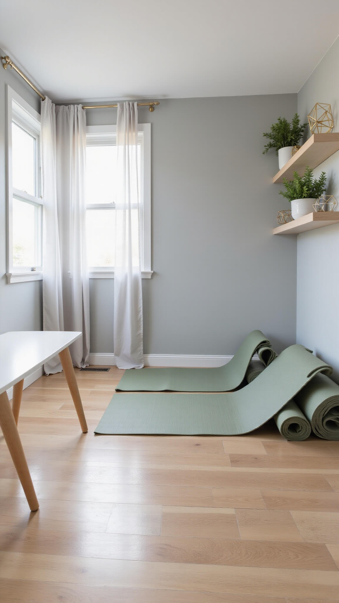 Bright, airy bonus room with modular workspace and workout area, light oak floors, gray walls, white desk with brass accents, sage green exercise gear, and sunlight streaming through sheer curtains.